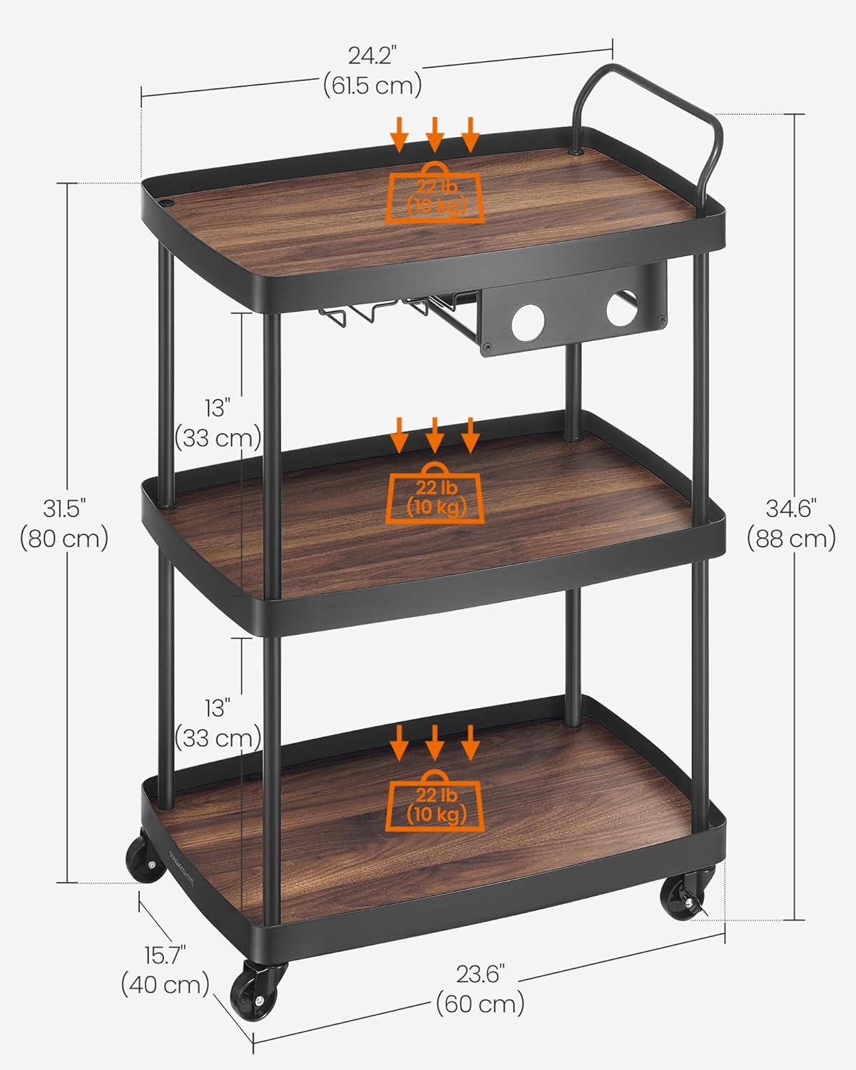 SONGMICS HOME Bar Cart, Home Bar Serving Cart with 3-Tier Shelf, Flexible Wine Bottle Rack and Glass Holder, Drink Beverage Cart, Microwave Cart, Kitchen, Natural Walnut and Ink Black ULRC291B01