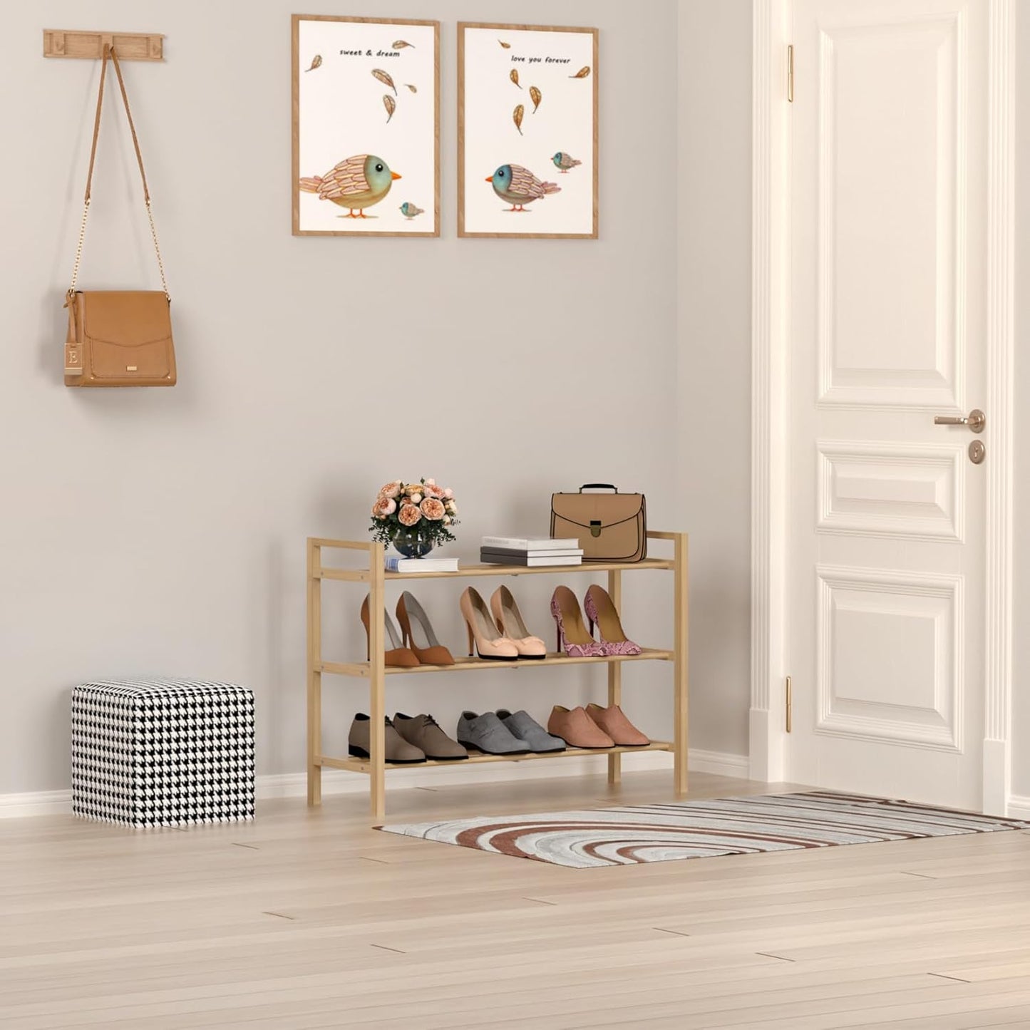 Haddockway Bamboo Shoe Rack for Closet, Free Standing Shoe Organizer with Smooth Round Rods & Convenient Handles, Stackable Shoe Storage Shelf for Entryway, Hallway(Natural, 3-Tier)