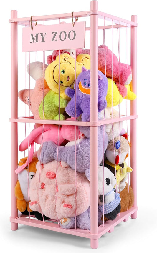 Stuffed Animal Storage Zoo, Wooden Stuffed Animal Organizer with Elastic Cords for Boys Girls, Space Saving Toy Plushies Storage Holder for Playroom, Bedroom, Living Room (Pink, Small)