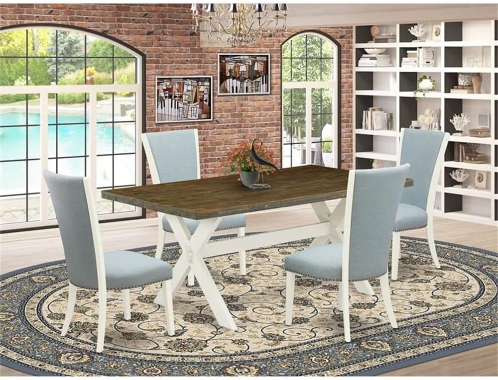 East West Furniture X077VE215-5 5 Piece Kitchen Table & Chairs Set Includes a Rectangle Dining Room Table with X-Legs and 4 Baby Blue Linen Fabric Parsons Chairs, 40x72 Inch, Multi-Color