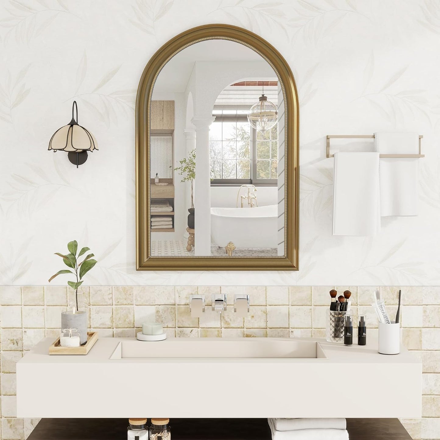 Axeman 32x48 Arched Wall Mirror, Decorative Bathroom Mirror, Traditional Vintage Wall Mounted Mirror with Beaded Frame for Accent Living Room Vanity Bedroom Entryway, Gold