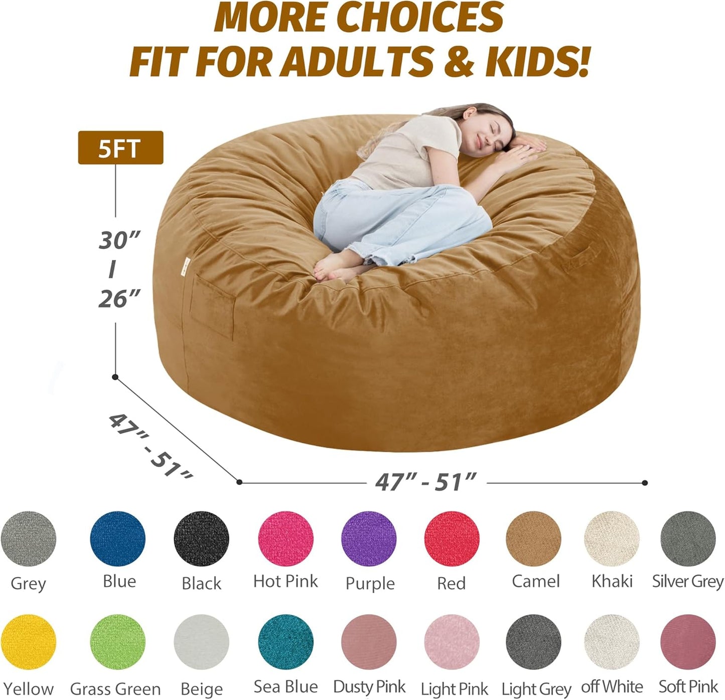 5FT Bean Bag Chair with Ultra Soft Velvet Cover Bean Bag Sofa with Memory Foam Bean Bag Chairs with Large Size Lazy Sofa for Dorm Office Living Room Bedroom Camel 5'