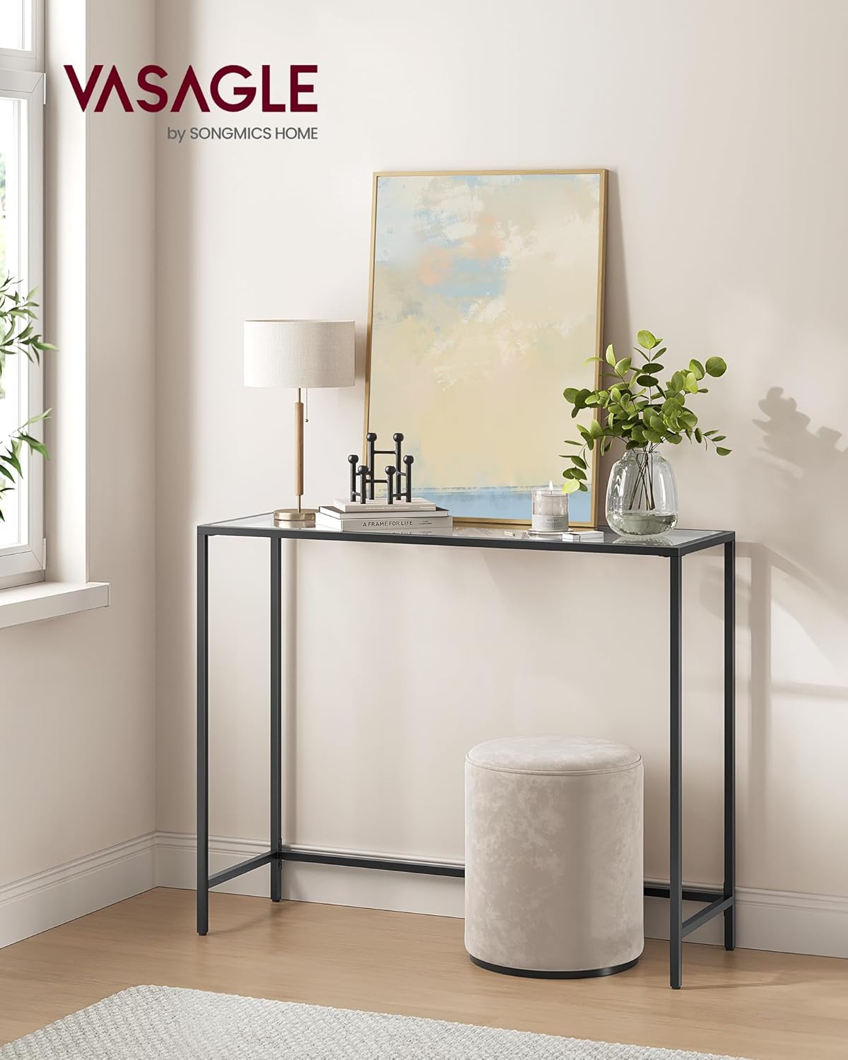 VASAGLE Console Tables Bundle - 47.2" Gold Metal and Glass Table and 39.4" Black Metal and Glass Table