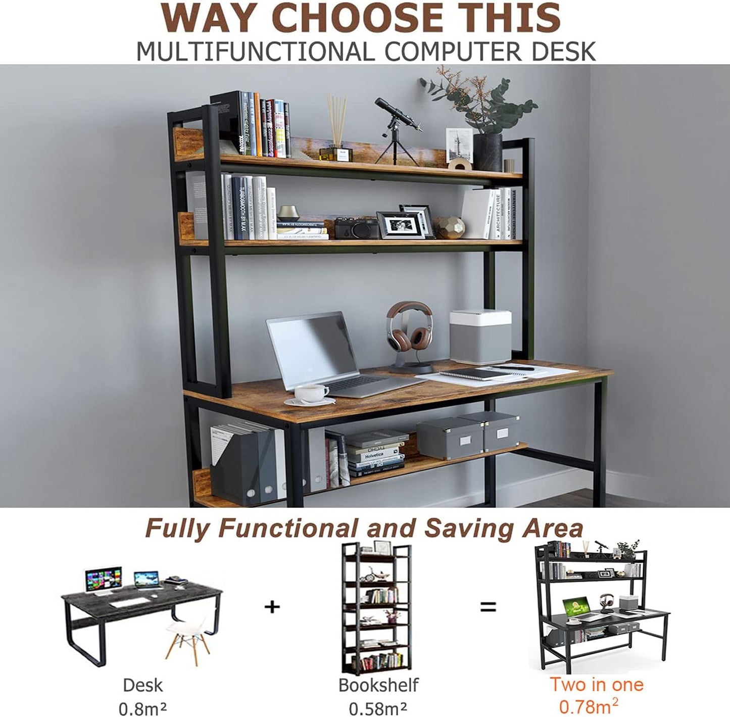 Aquzee Computer Desk with Hutch, 47“W x 23.6" D Desk with Shelves, Tall Home Office Desk with Bookshelf, Metal Legs Study Table with Upper Storage Shelf for Study Writing/Workstation
