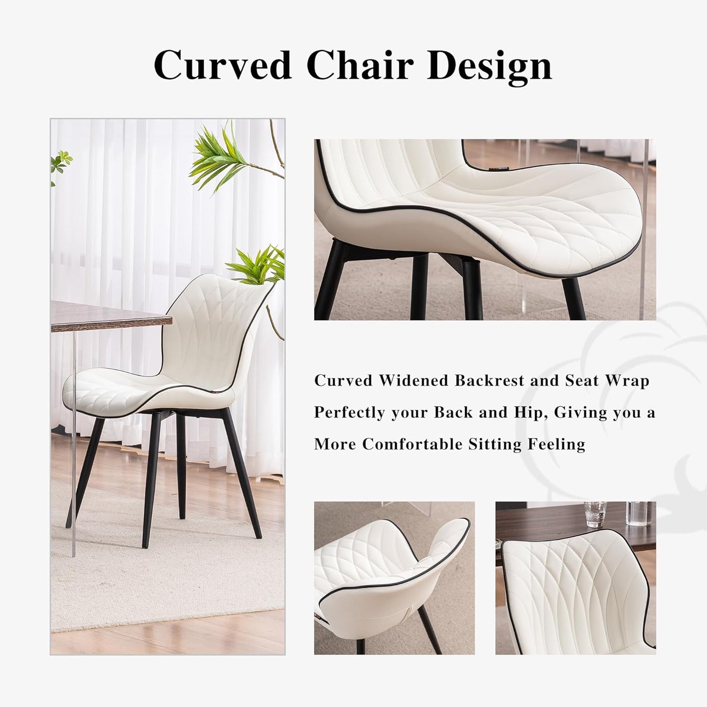 YOUNIKE Dining Chairs Set of 2, Upholstered Faux Leather Dining Room Chairs with Wide Curved Back and Adjustable Metal Legs, White