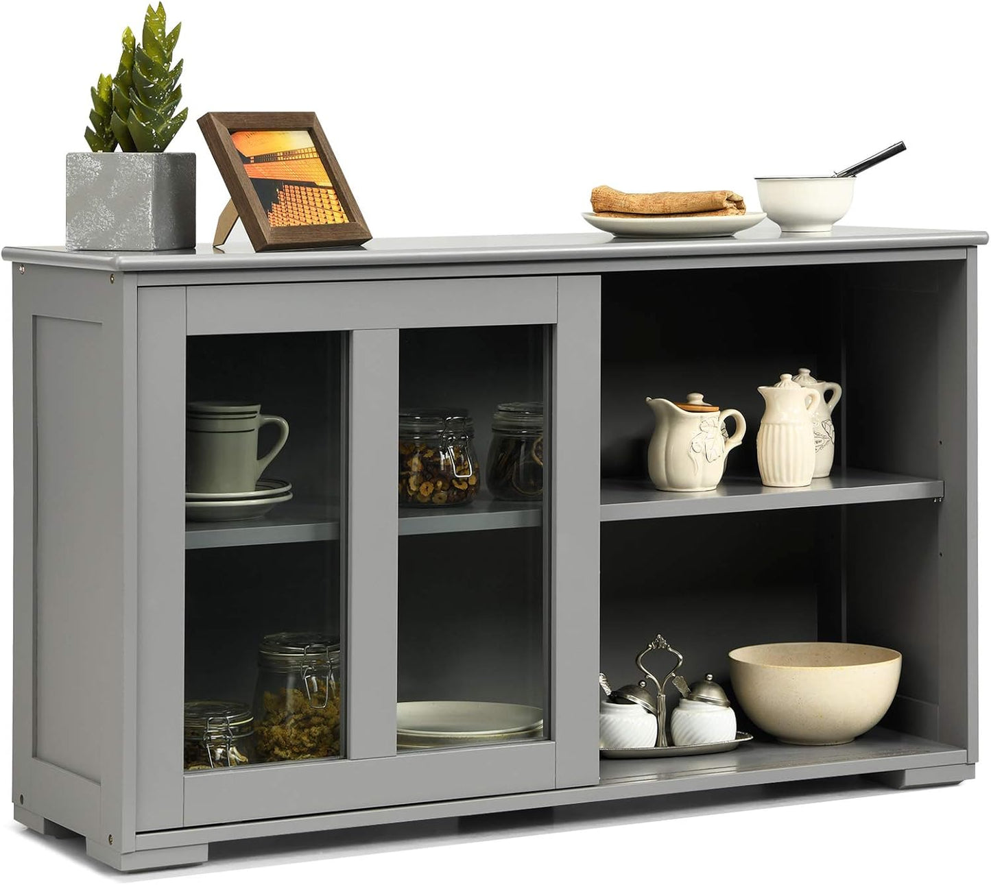 Costzon Sideboard Buffet Cabinet, Wooden Kitchen Storage Cabinet with Adjustable Shelf, Sliding Glass Doors, Accent Coffee Bar Cabinet Console Table for Living Room, Dining Room, Hallway (Grey)