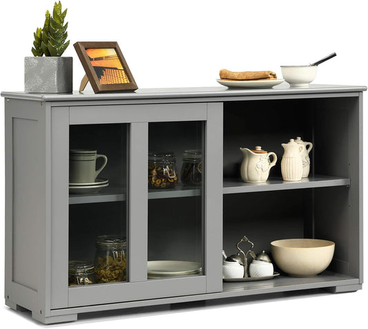 Costzon Sideboard Buffet Cabinet, Wooden Kitchen Storage Cabinet with Adjustable Shelf, Sliding Glass Doors, Accent Coffee Bar Cabinet Console Table for Living Room, Dining Room, Hallway (Grey)