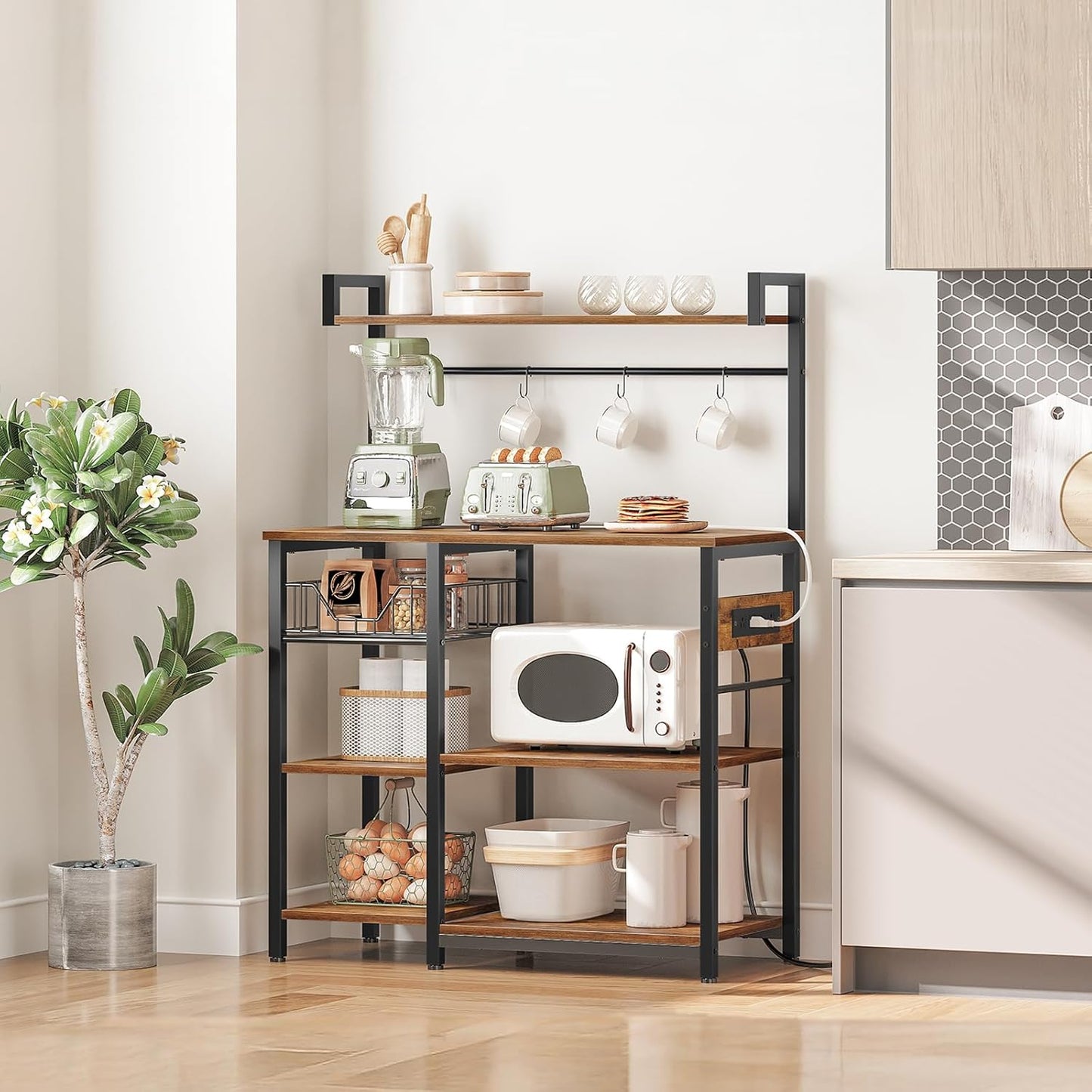 HOOBRO Bakers Rack with Power Outlet, 35.4 Inches Coffee Bar with Mesh Basket, Microwave Stand with 4 S-Shaped Hooks, Kitchen Bakers Rack with Storage, Easy to Assemble, Rustic Brown BF05HB01