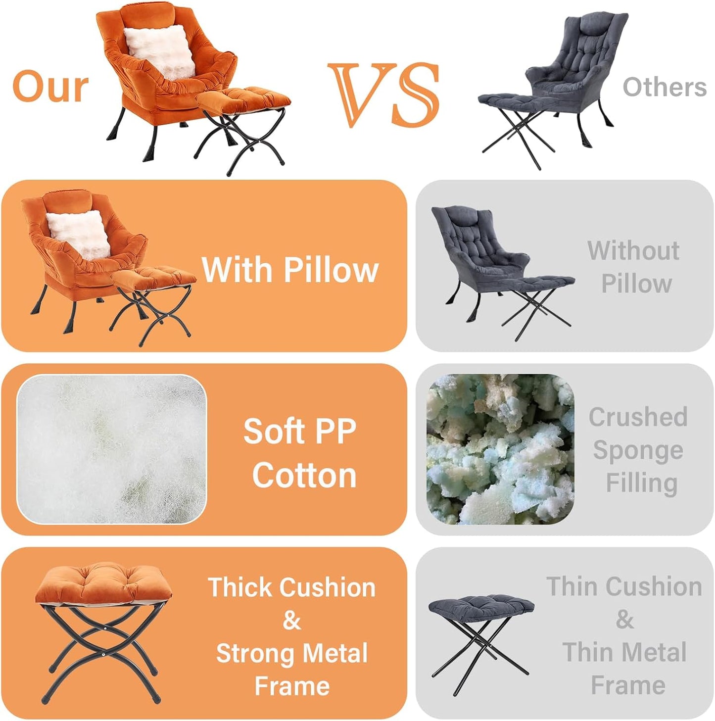 Lazy Chair with Ottoman, Comfy Reading Chair with Footstool & Throw Pillow Modern Lounge Accent Chair with Armrests & Side Pocket for Living Room, Bedroom, Dorm Room, Office