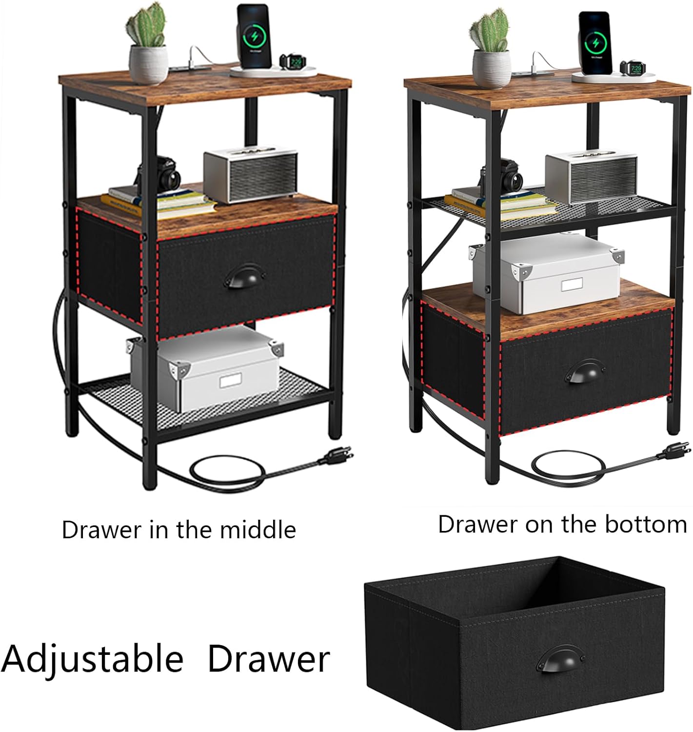 Sthmec Nightstands with Charging Station, LED Bedside Tables with Charging Station and Fabric Drawer, Night Stand with Storage, 3 Tier Side Table with Open Shelf,Nightstand Bedside Table,Rustic Brown