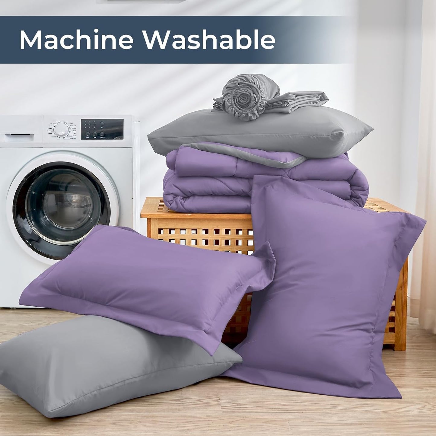 HEVUMYI Full Comforter Set - 7-Piece All Season Bed in a Bag Full, Ultra Soft Bedding Set with Comforter, Flat Sheet, Fitted Sheet, Pillowcases, Pillow Shams, Purple & Light Grey