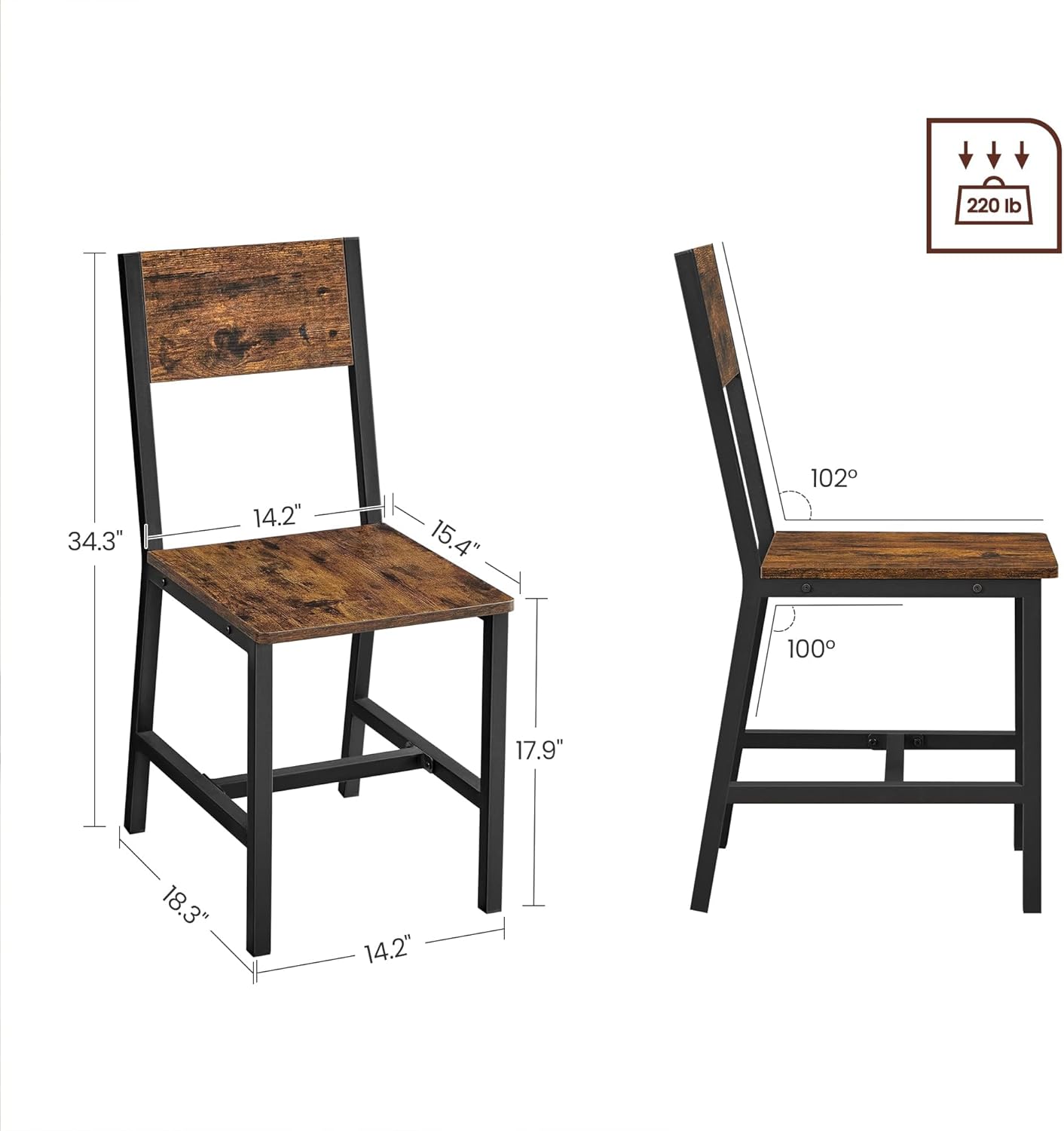 VASAGLE Dining Chair Set of 2, Rustic Wood Chairs with Metal Steel Frame, Easy to Assemble, Comfortable Seat, Modern Farmhouse Chair for Kitchen, Bedroom, Living Room, Rustic Brown and Ink Black