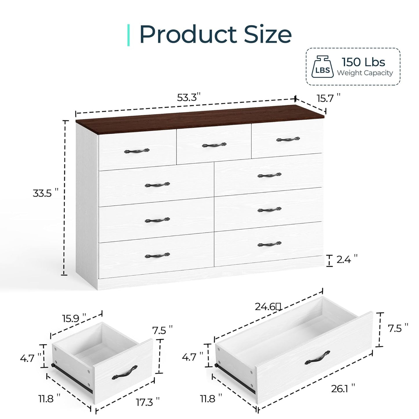 LINSY HOME 9 Drawer Dresser for Bedroom, 54" Wide Chest of Drawers, Modern TV Stand Dressers with Wood Frame and Metal Handles, Large Drawer Organizer for Bedroom, Living Room, White