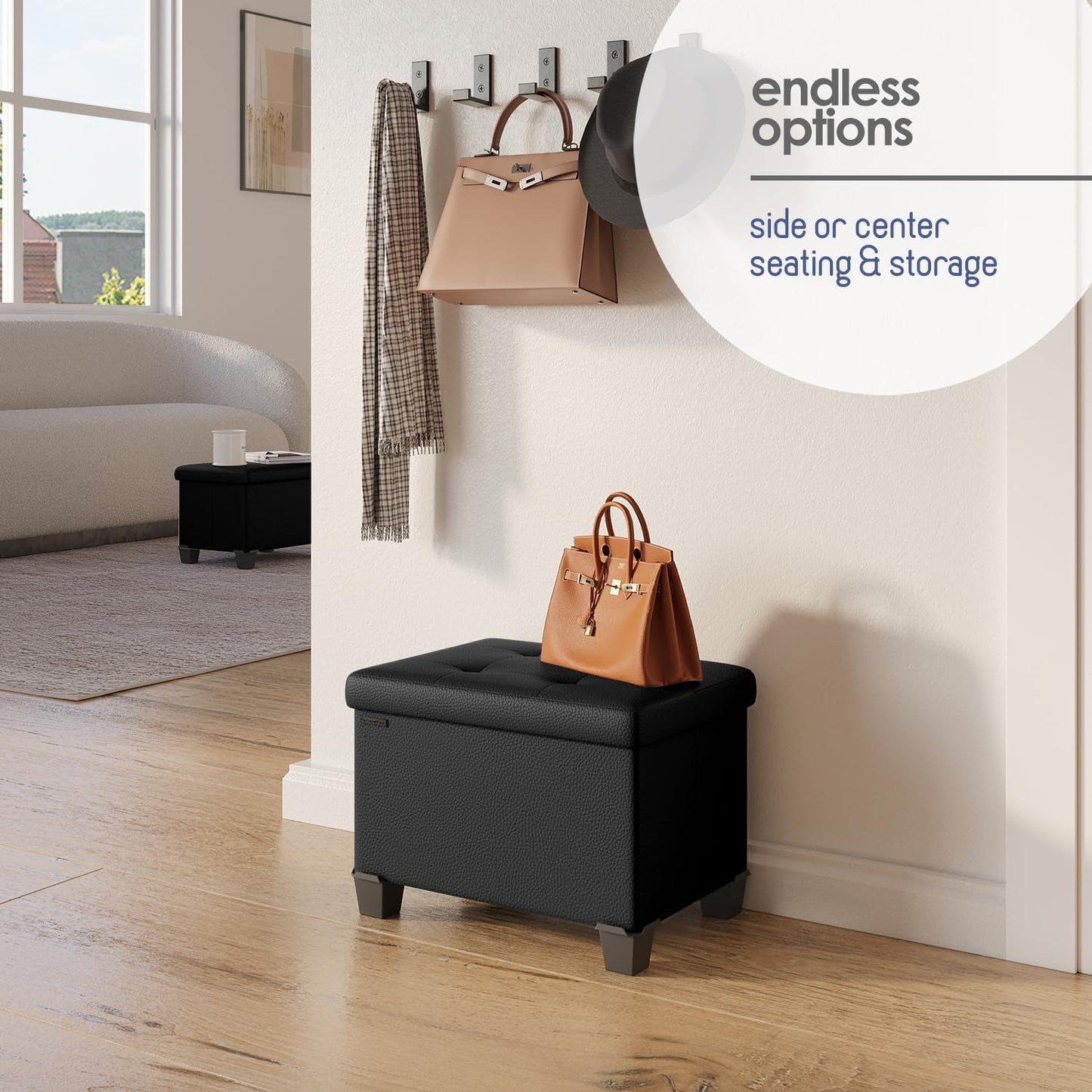 STORAGEBUD Storage Ottoman Cube with Small Bin, 16-in Square Ottoman with Storage for Living Room and Bedroom, Small Ottomans Foot Rest, Faux Leather Foot Stools Ottomans Max 330lbs, Black