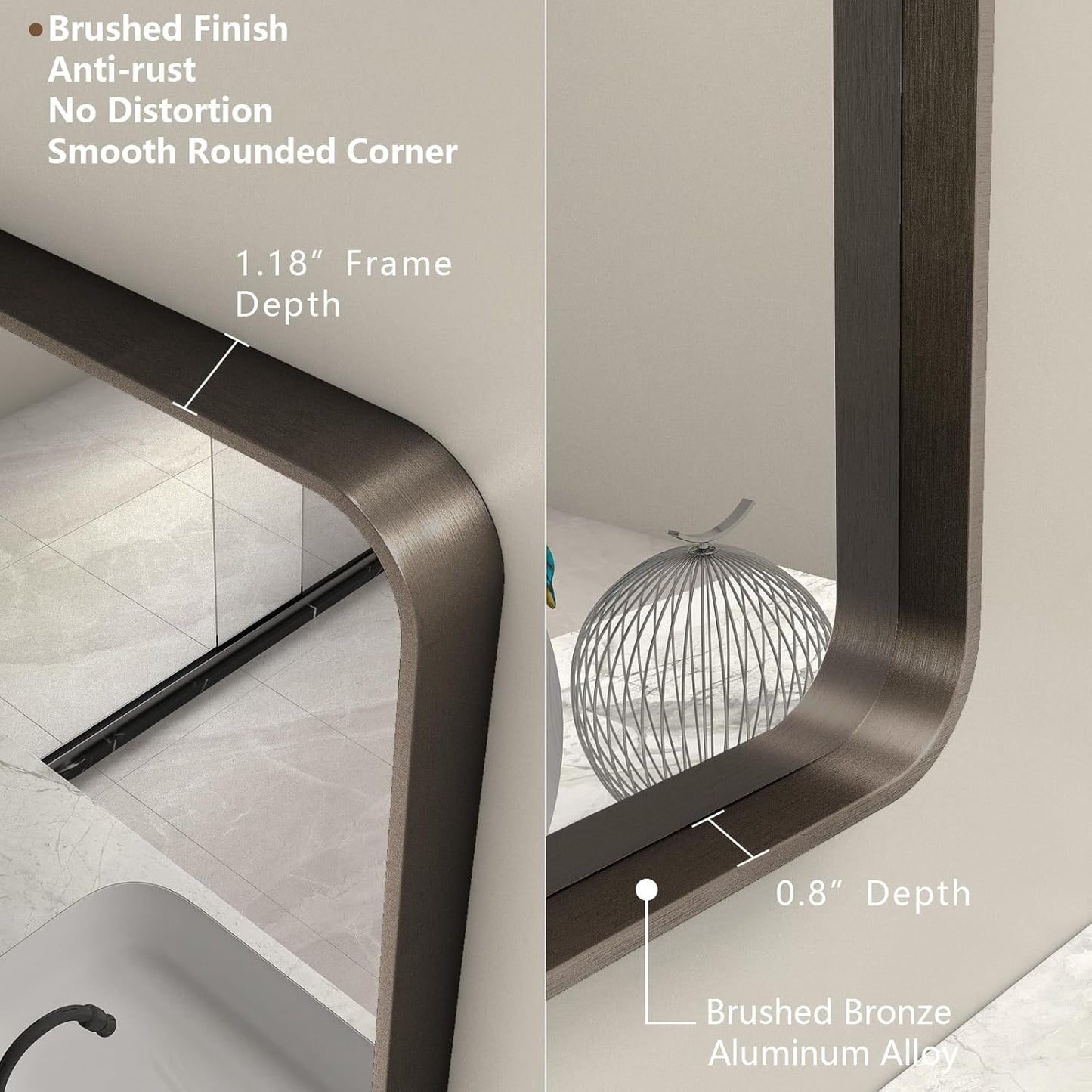 48x30 Bronze Bathroom Mirror for Wall, Brushed Bronze Metal Framed Bathroom Vanity Mirror, Rounded Rectangle Mirror, Anti-Rust, Shatterproof (Horizontal/Vertical)