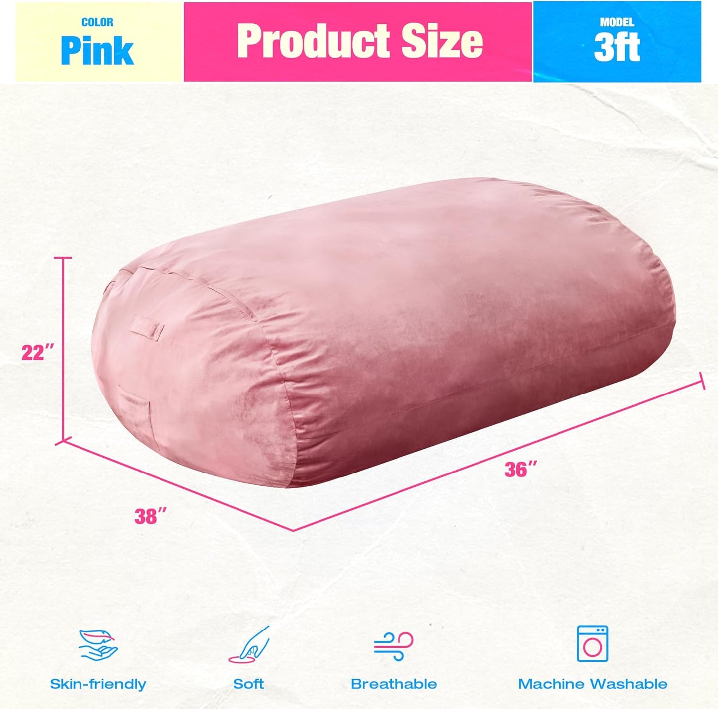 Hobestluk 3FT Bean Bag Chair Large Beanbag with Removable Cover Adult Bean Bag Chair with Portable Handle Desgin for Living Room Bedroom (Pink, 3FT)