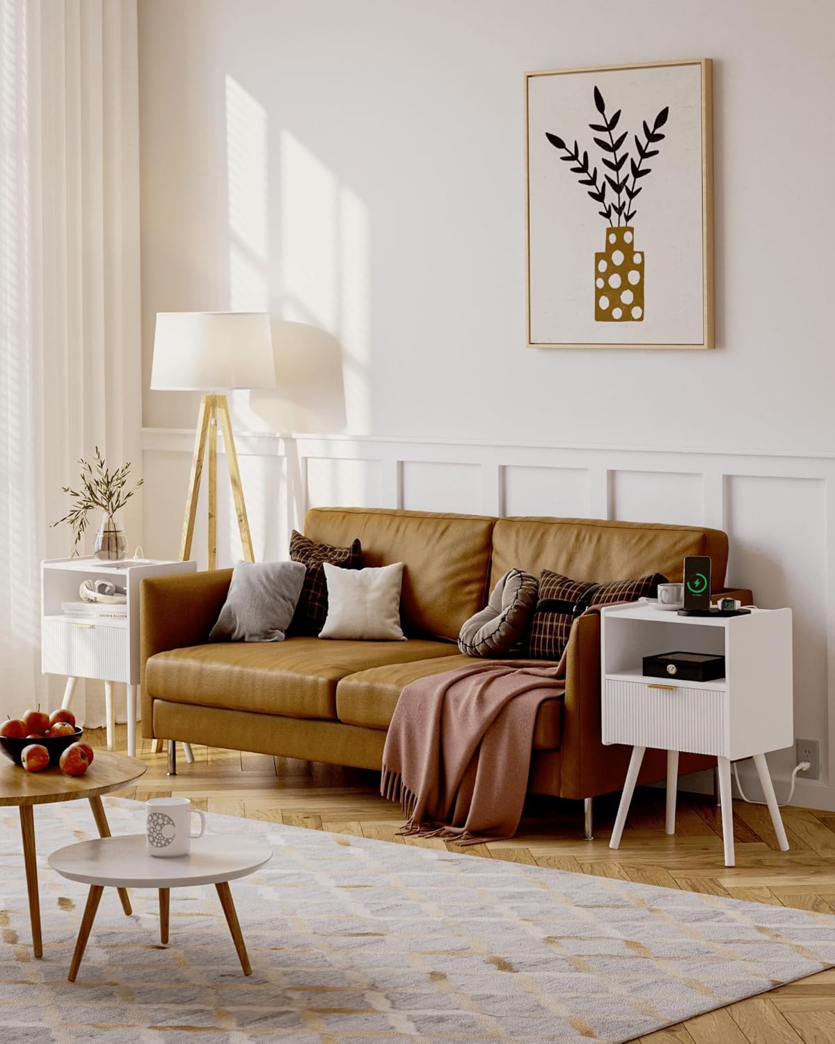 White Nightstand with Outlet,Modern Bedside Table with Storage Drawer and Open Wood Shelf, for Living Room, Bedroom and Small Spaces, Accent Night Stand with Solid Wood Legs, Easy Assembly