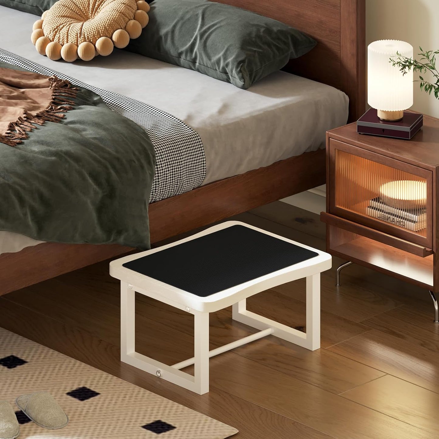 Wooden Step Stool with 500 Pounds, Wide Bed Step Stool for Adults，Wood White Step Stool&Stable Solid Metal Frame for Kitchen, Bedroom, Living Room, Bathroom