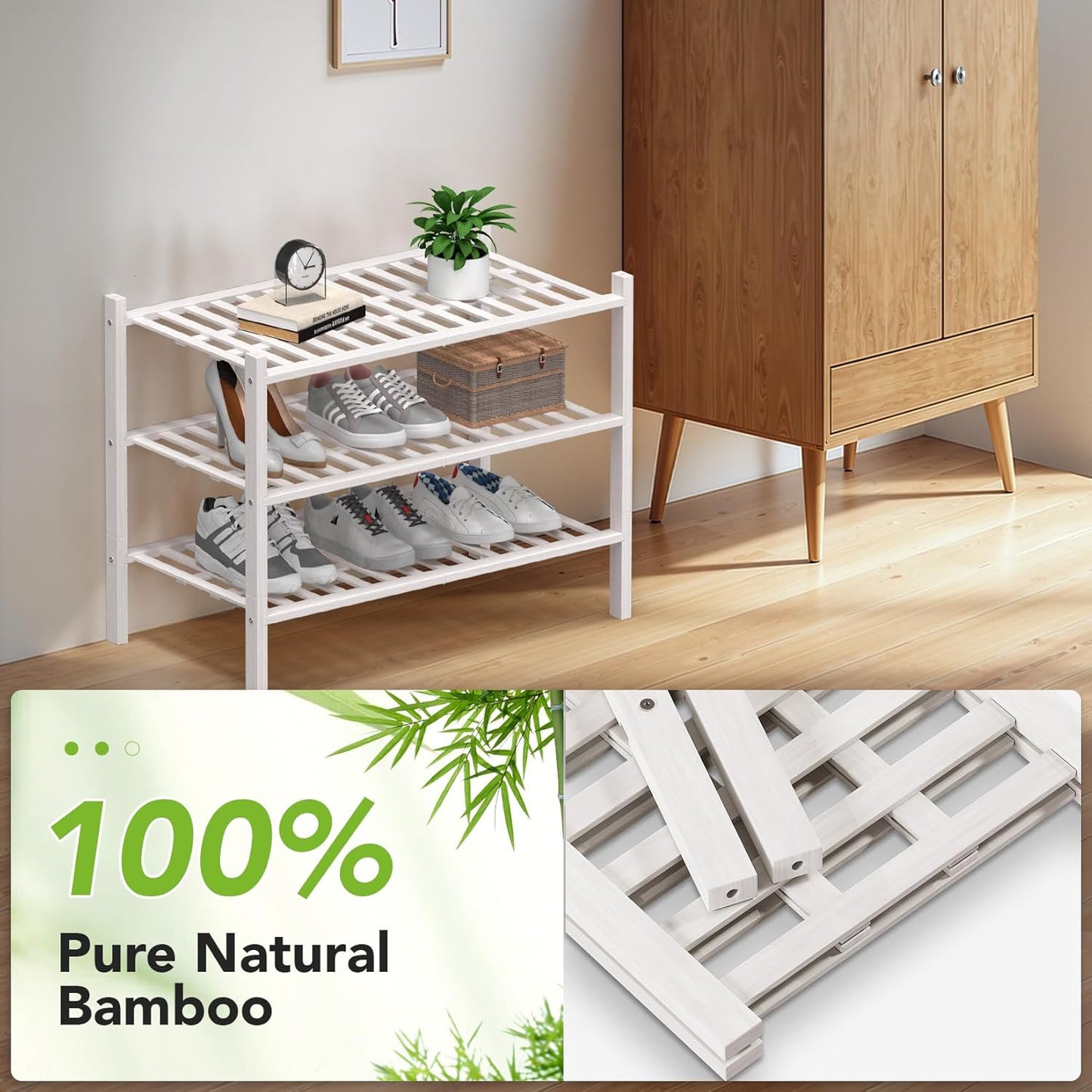 Haddockway Large 3 Tier Bamboo Shoe Rack Storage Organizer, Multifunctional Free Standing Stackable Shoe Shelf with Grid Panel for Closet,Hallway,Entryway,Small Space 27"x12"x21"(White, 3-Tier(Large))