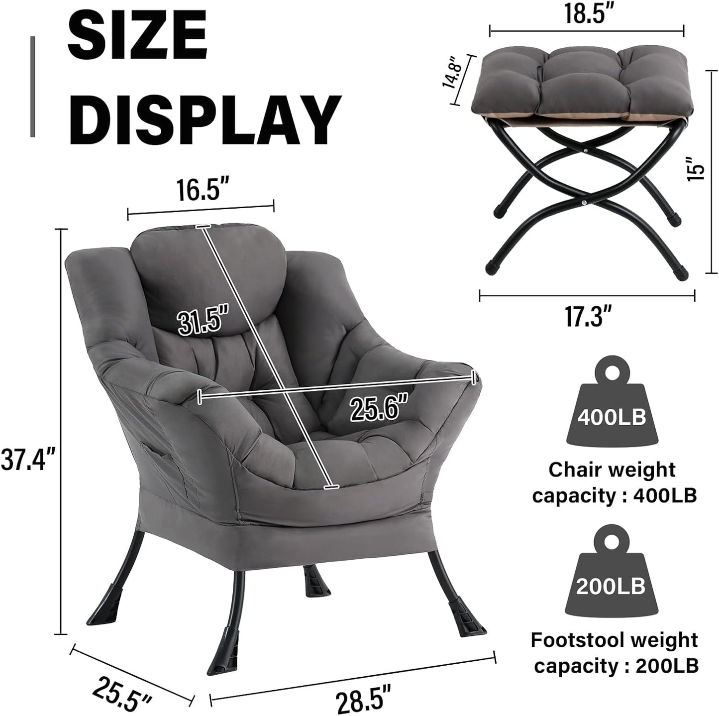 Lazy Chair with Ottoman, Modern Accent Chair Contemporary Lounge Leisure Sofa Chair with Armrests, Reading Chair and Folding Footstool Set for Living Room, Bedroom, Office, Dark Grey