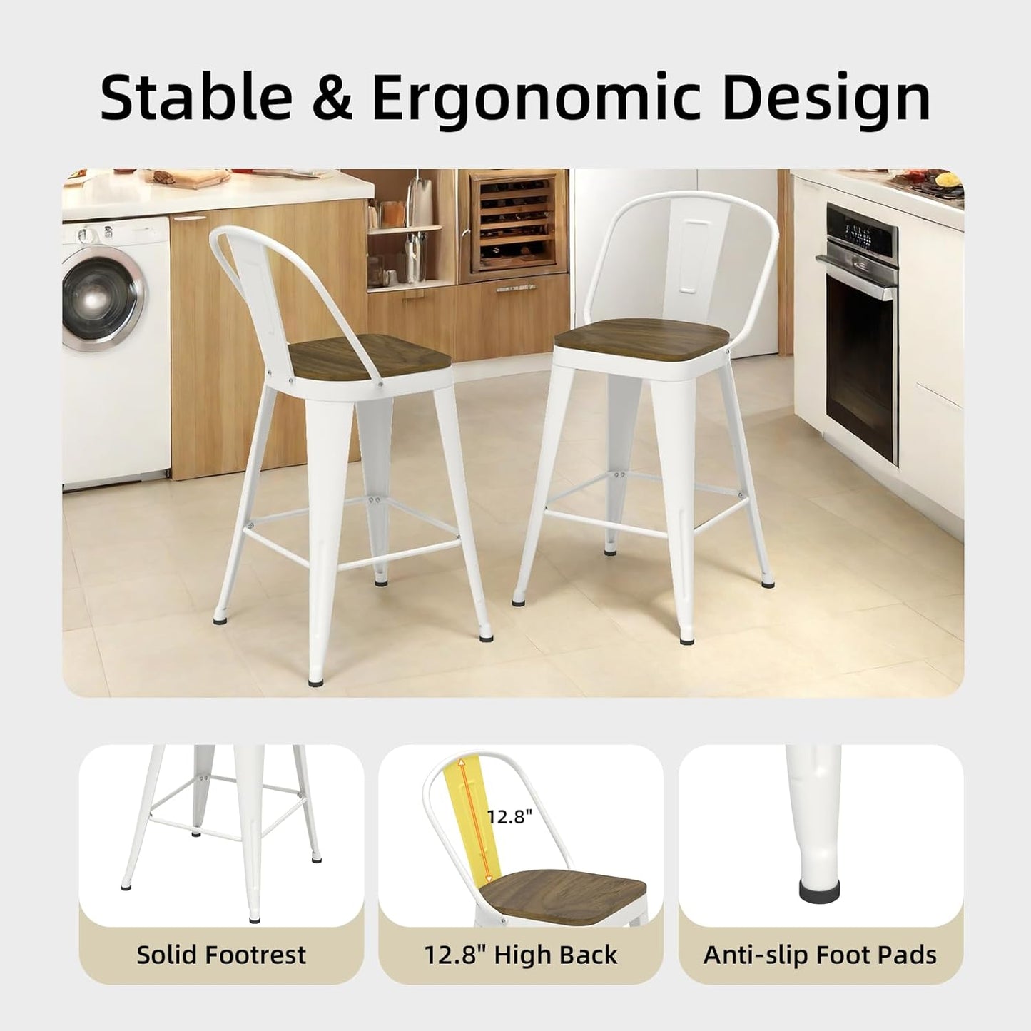 Metal Bar Stools Set of 4, High Back Bar Stools with Wooden Seat, 26 inch White Barstools for Kitchen Island