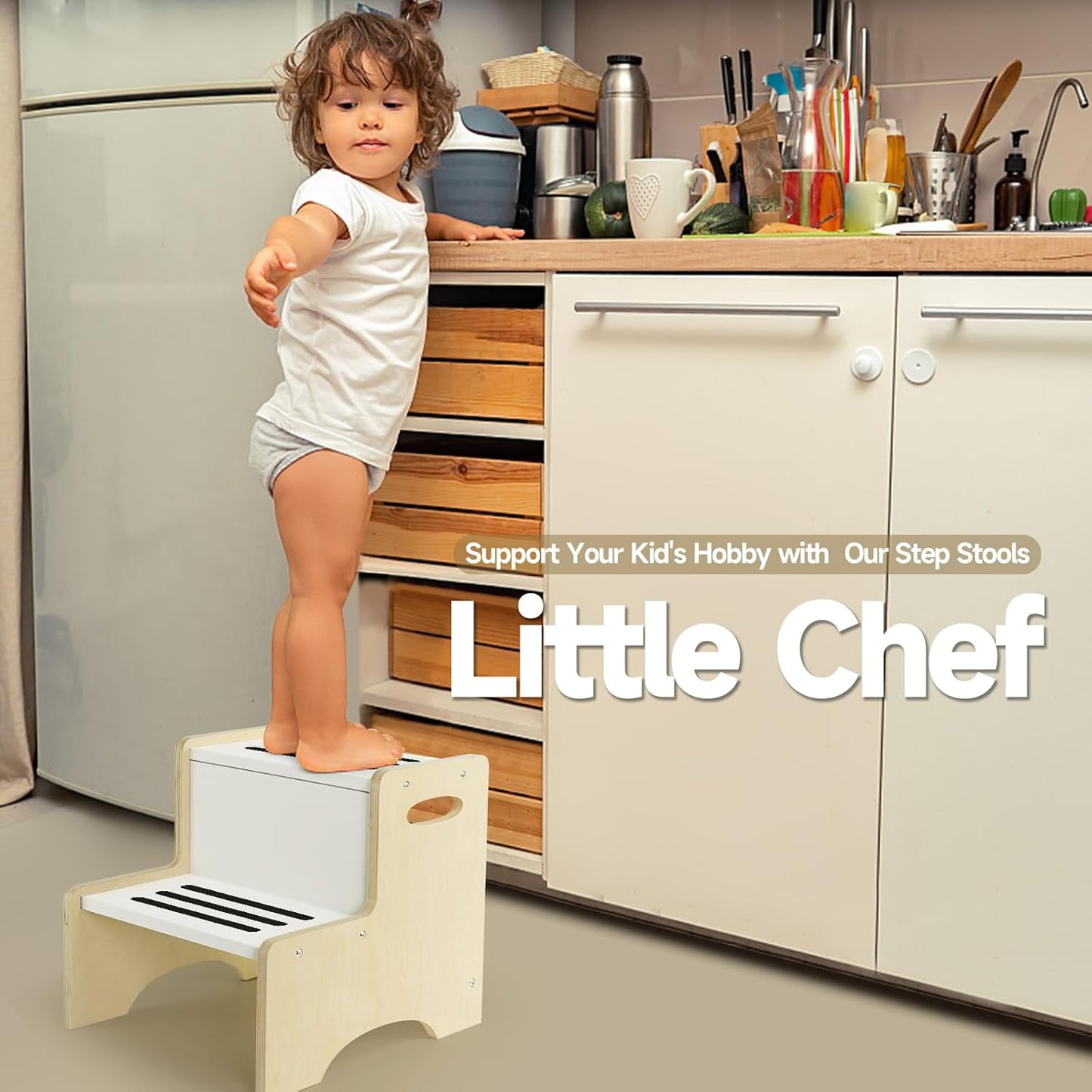 WOOD CITY Kids Step Stool for Toddler, Wooden Natural-White Patchwork Two Step Children's Stool with Handles, Bonus Non-Slip Pads for Safety, Bathroom Potty Stool & Kitchen Step Stools Dual Height