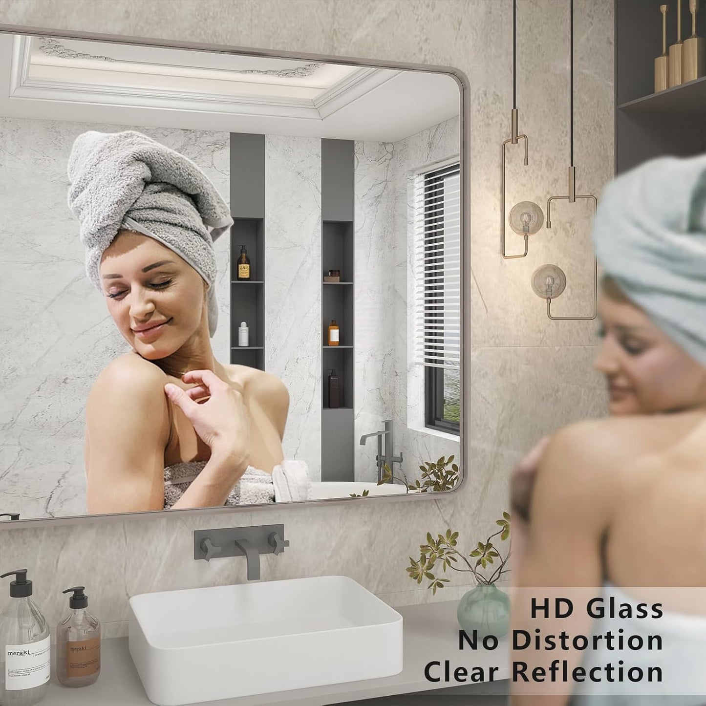 28x32 Silver Bathroom Mirror for Wall, Brushed Metal Framed Bathroom Vanity Mirror, Modern Rounded Corner Rectangle Mirror, Anti-Rust (Horizontal/Vertical)