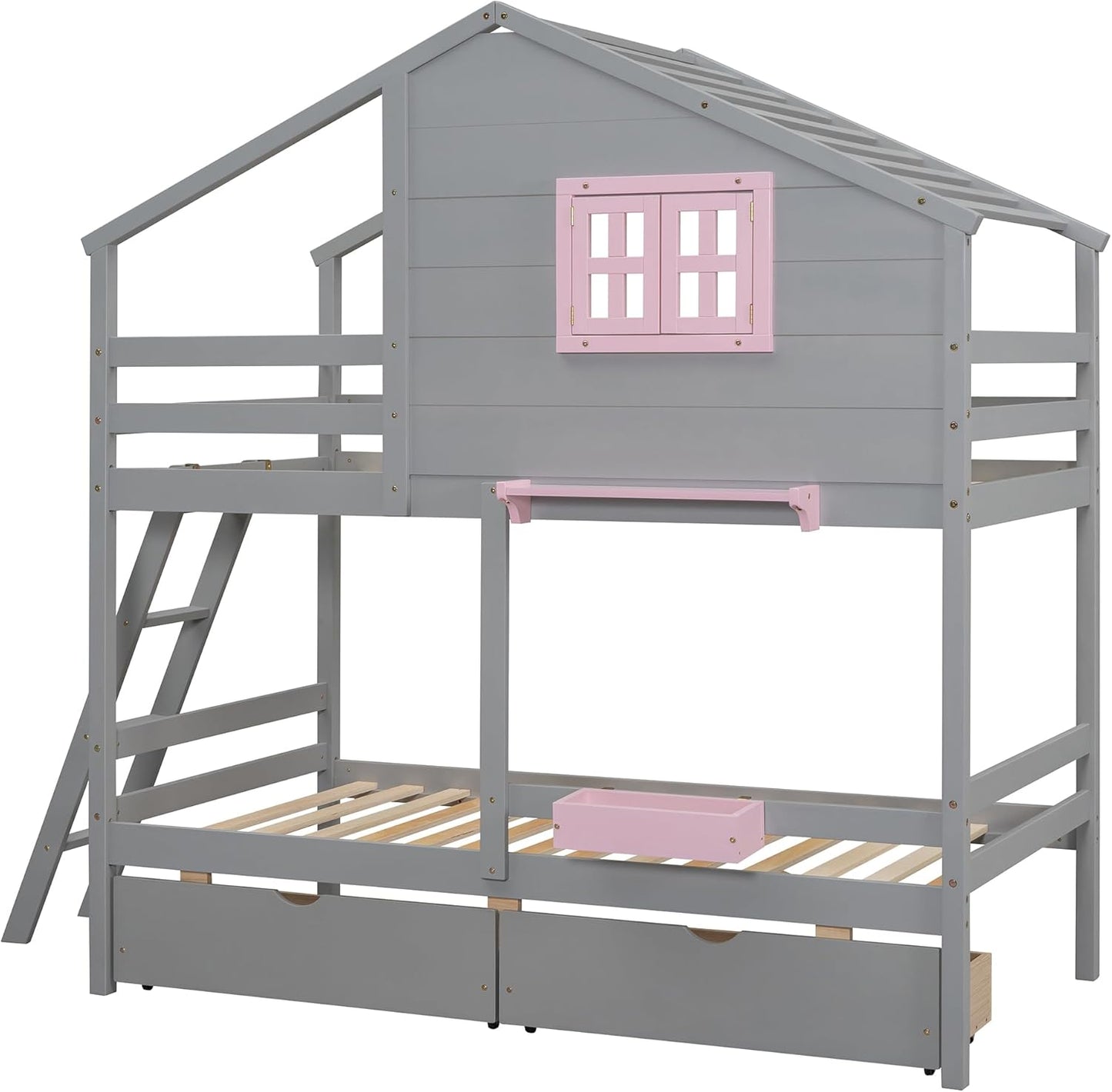 Ball & Cast Twin Over Twin Size Bunk Bed with 2 Drawers and 1 Storage Box,Playhouse Wood Bunkbed w/Window & 1 Shelf,Slat Support,Space Saving,Bedroom Furniture for Student Dorms,Gray