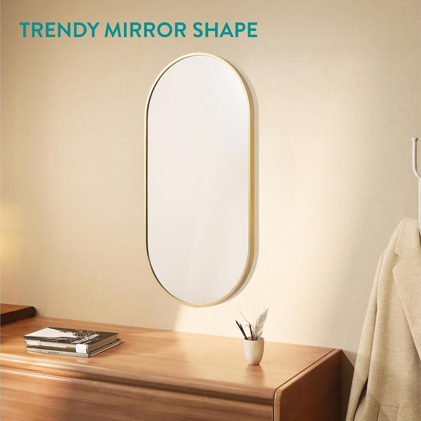 Navaris Oval Wall Mirror - 75 x 38 x 3 cm - Wall Mounted Hanging Mirror with Brushed Brass Rustproof Aluminium Frame - Mirror for Bathroom Bedroom Hallway