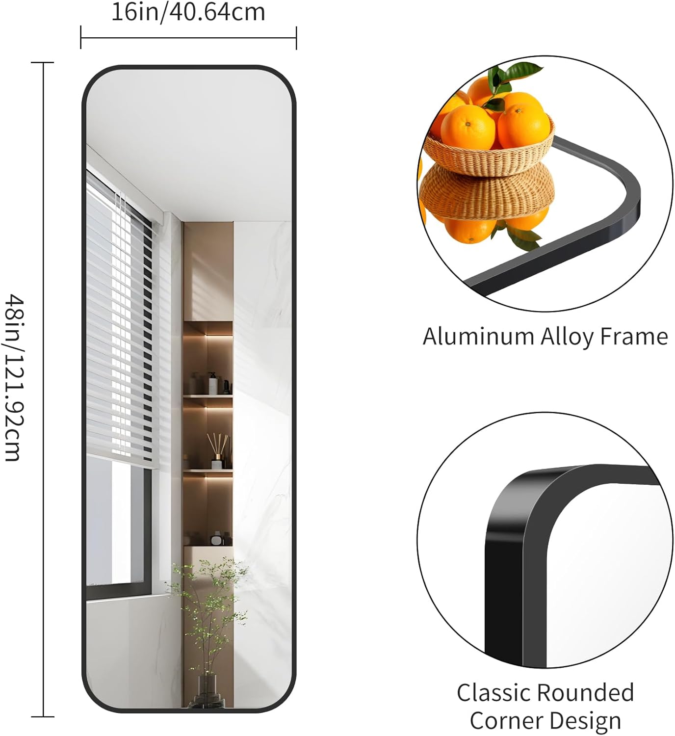 FORBATH Bathroom Mirror 48" x 16", Rectangle Black Bathroom Mirror with Black Aluminum Frame Rounded Corner, Wall Mounted Mirror for Bedroom Entryway Living Room