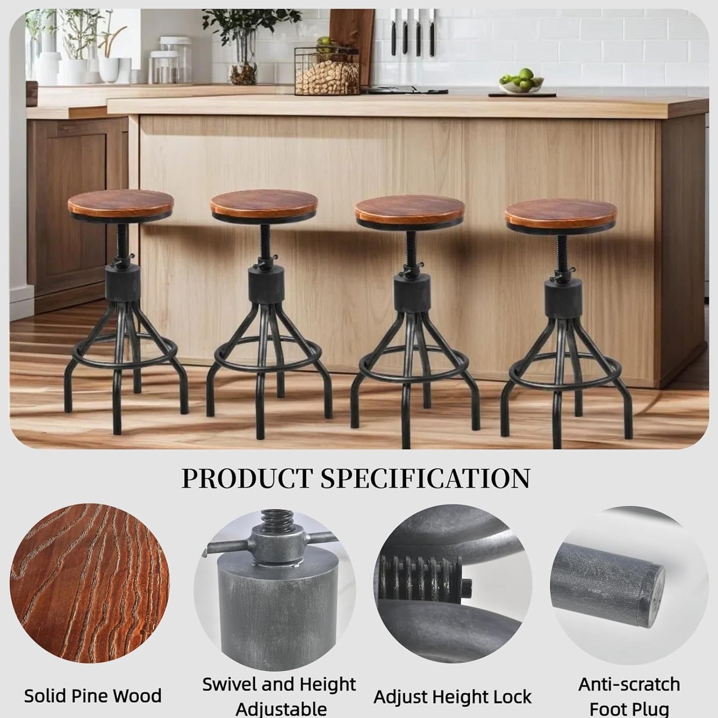 Set of 2 Industrial Bar Stool-Vintage Counter Dining Chair-Swivel Stools-Tall Height Adjustable 22-33"