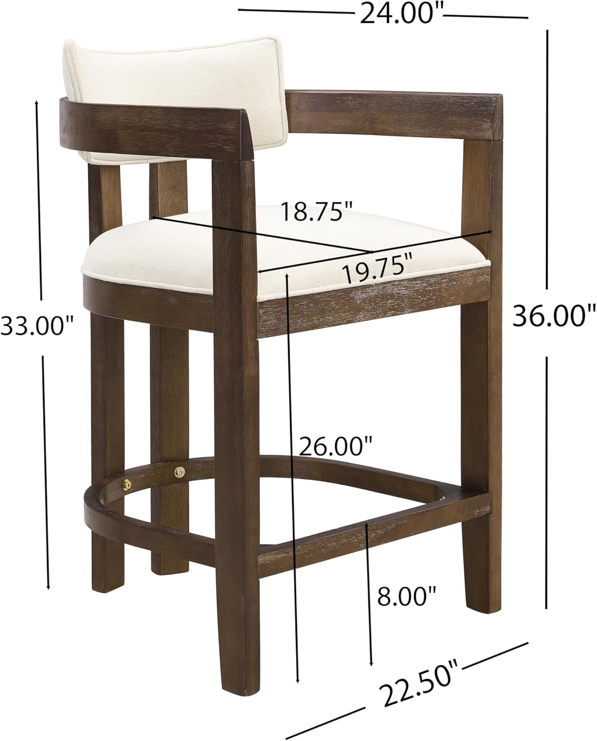 Christopher Knight Home Set of 2 Ryland Modern 26" Counter Height Bar Stools, Fabric Upholstered Counter Stools,Wooden Kitchen Island Armchair with Footrest, Round Backrest, Soft Seating,Beige+Walnut