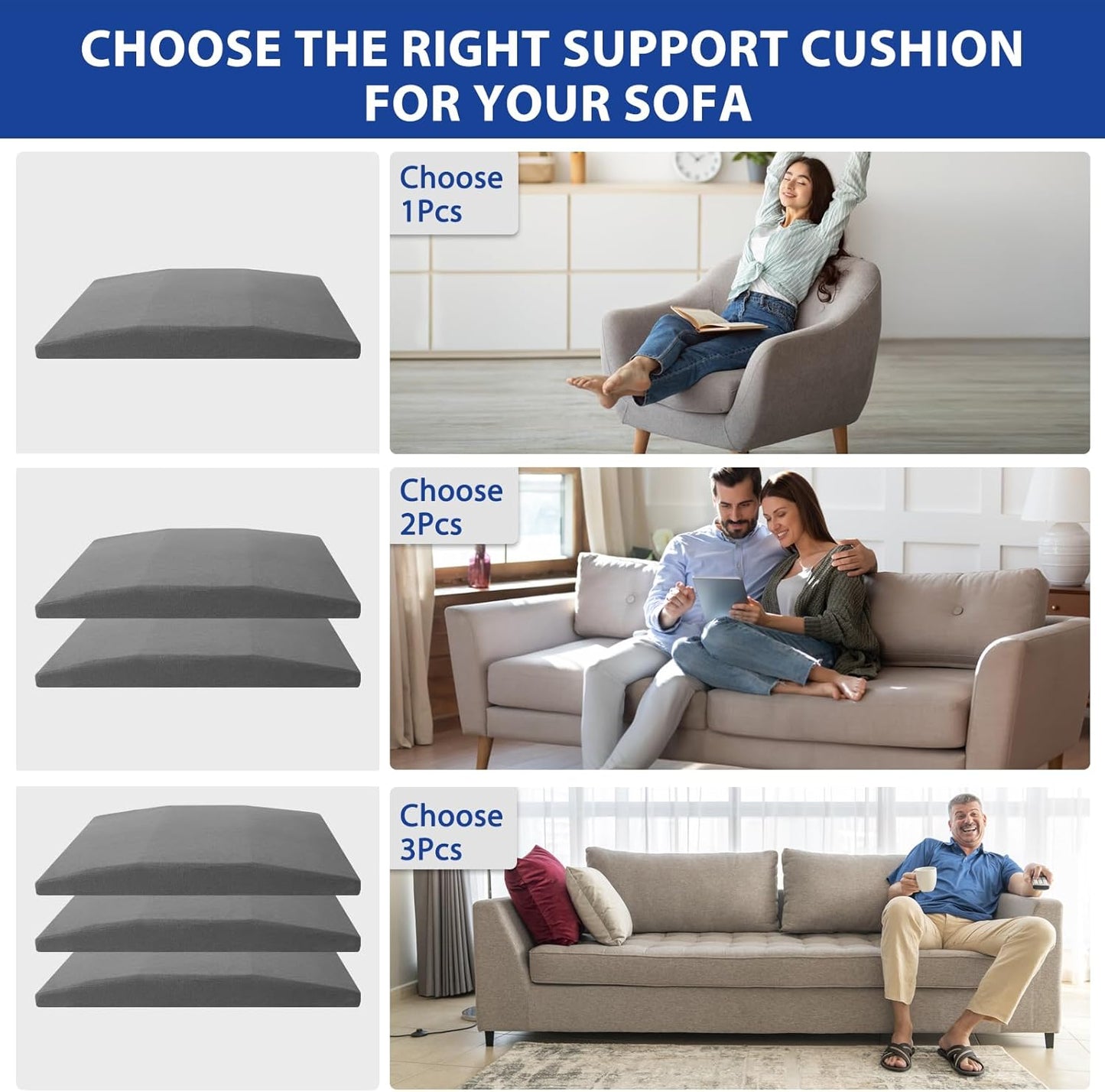 Sofa Couch Cushion Support for Sagging Seats, Trapezoidal 20" x 20" High Density Foam Replacement for Sofa Furniture Seats, Set of 3