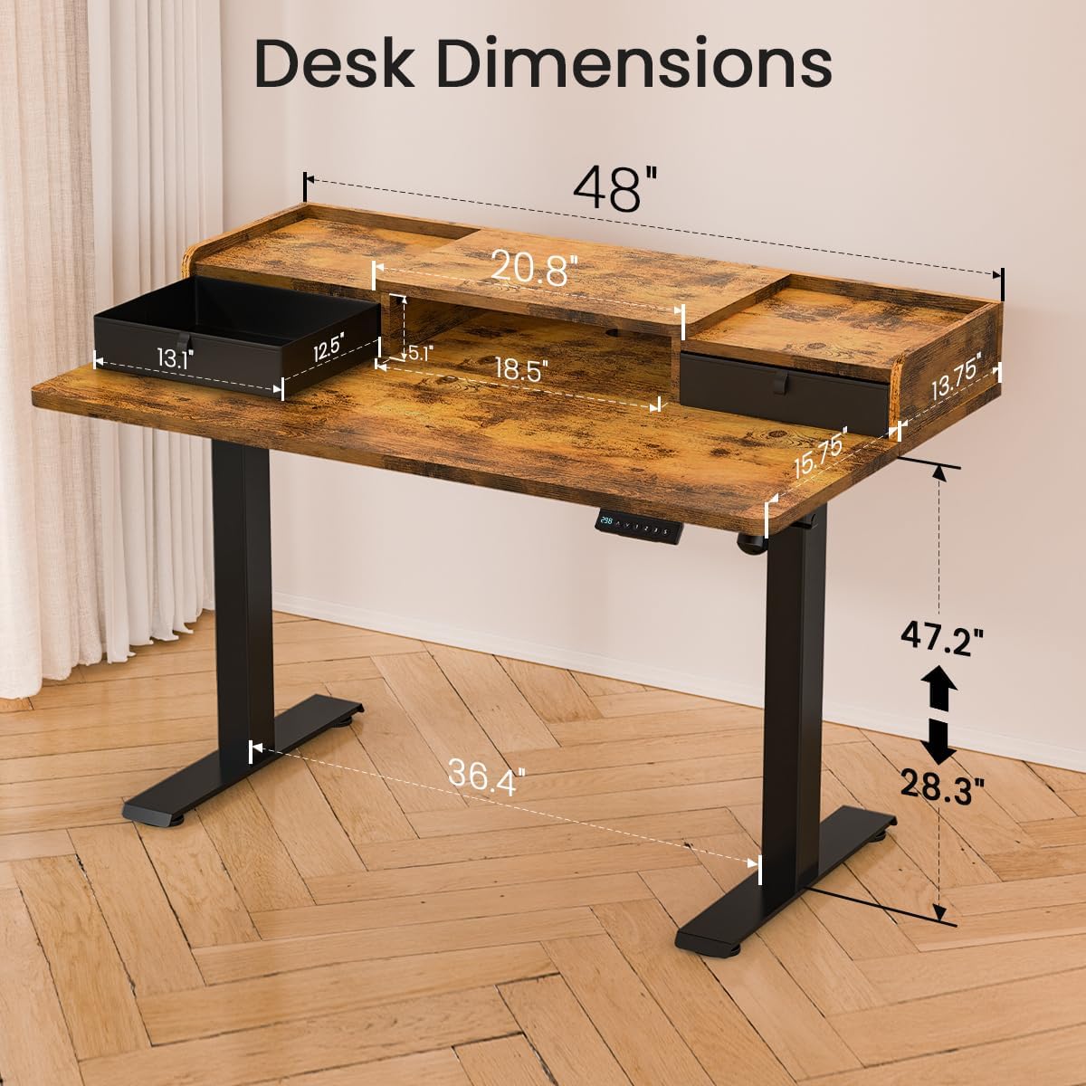 48x30 Inch Electric Standing Desk with Drawers & Widen Desktop, Thickened Desk Frame, Adjustable Height Sit Stand Up Table, Home Office Computer Desk with Cable Management, Rustic Brown