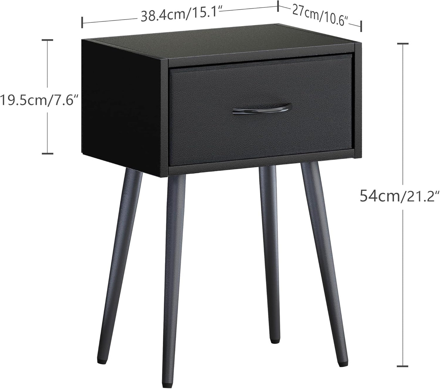 Black Nightstands Set of 2, Small Bedside Table with Fabric Drawer, Modern End Table with Metal Leg, Couch Side Table for Bedroom Living Room, Sofa, Office LNT504B