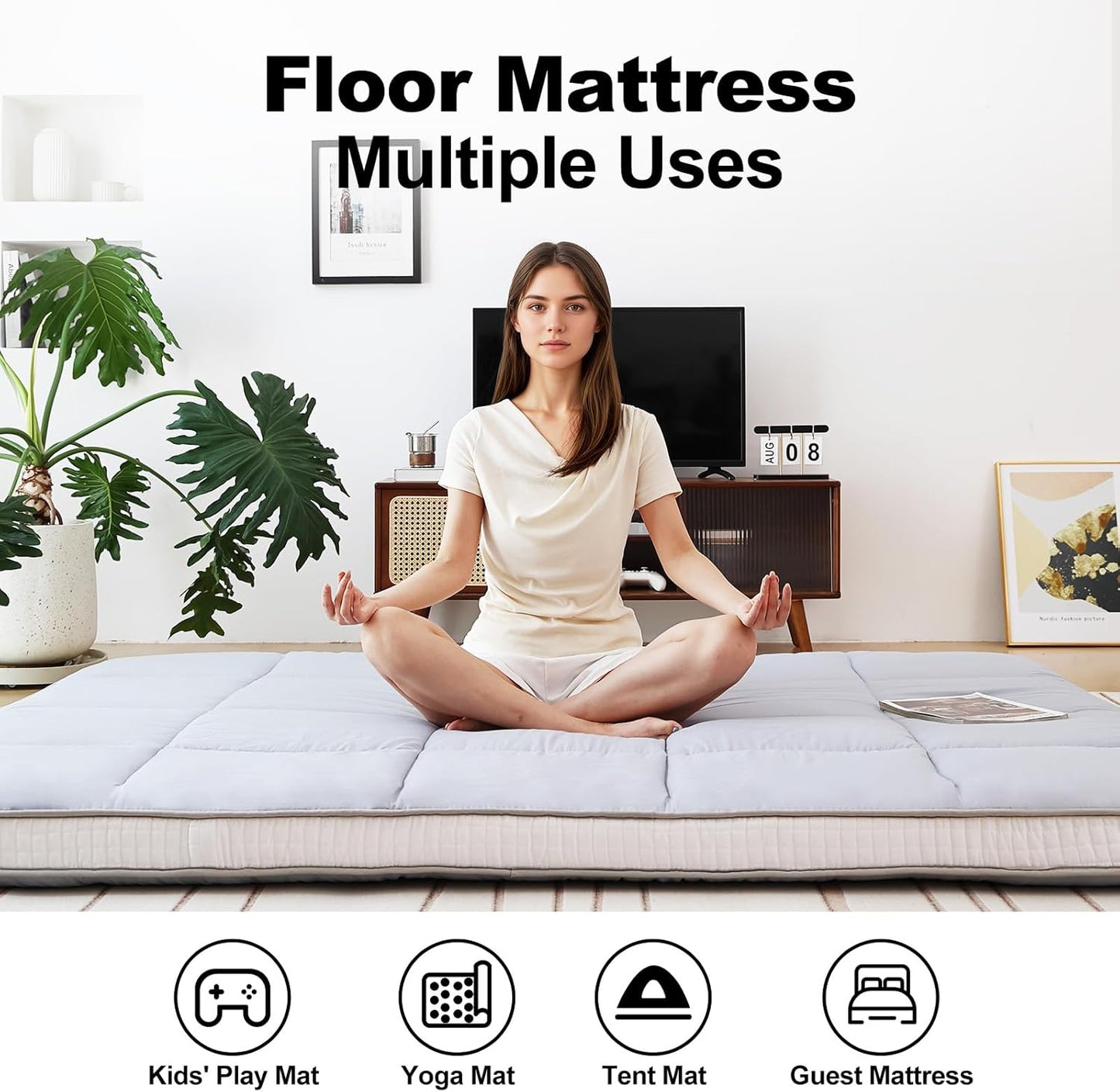 Tiita Queen Memory Foam Mattress Topper, 4" Thicken Futon Floor Mattress with Storage Bag and 2 Straps, Portable Roll Up Travel Car Camping Mattress Sleeping Pad, Grey