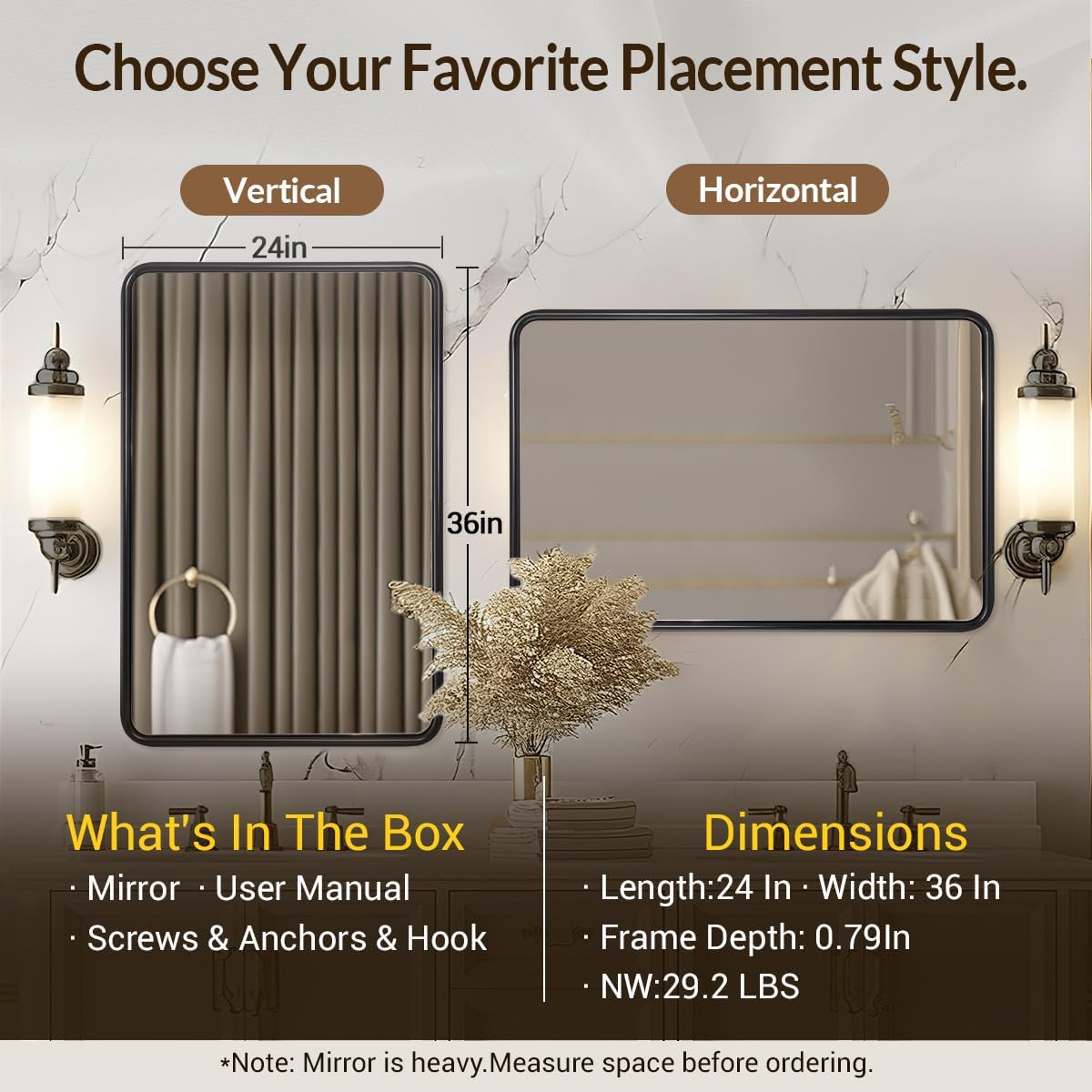 ANDY STAR Bathroom Mirror, 24x36 Inch Stainless Steel Metal Frame Black Rectangle Bathroom Mirror for Over Sink, Modern Rounded Corner Black Vanity Mirrors for Wall, Hangs Horizontally or Vertically