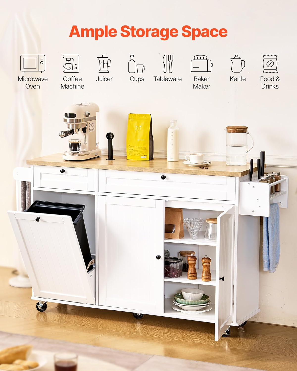 VEVOR Kitchen Island Cart with Storage, 60in Wide Mobile Kitchen Cart with Wheels, Drop Leaf, 2 Drawers, Trash Can Cabinet, Knife Holder, Spice Rack, and Towel Rack, Table for Dining Room, Pantry