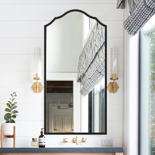 Arched Bathroom Mirror for Wall, 48"x24" Long Scalloped Entryway Mirror with Black Decorative Metal Frame for Living Room, Bedroom, Entryway