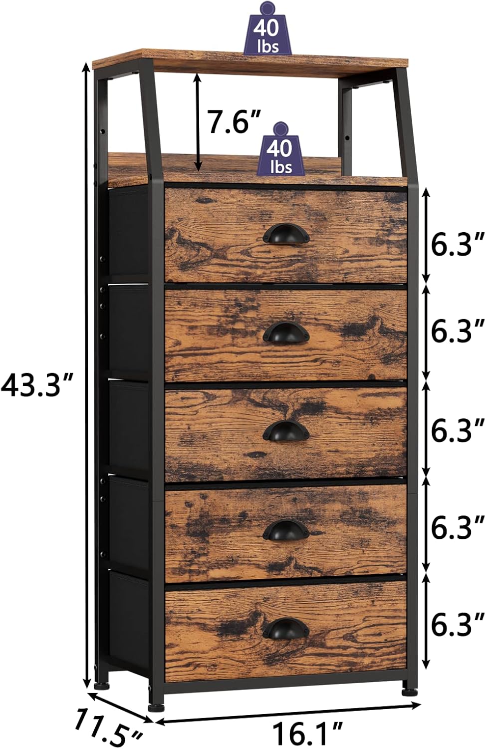 Furnulem Tall 5 Drawers Dresser, Vertical Storage Tower Fabric Dresser for Bedroom, Hallway, Entryway, Nursery, Closet Organizer, Nightstand Bedside Table Furniture, Sturdy Steel Frame, Wood Top