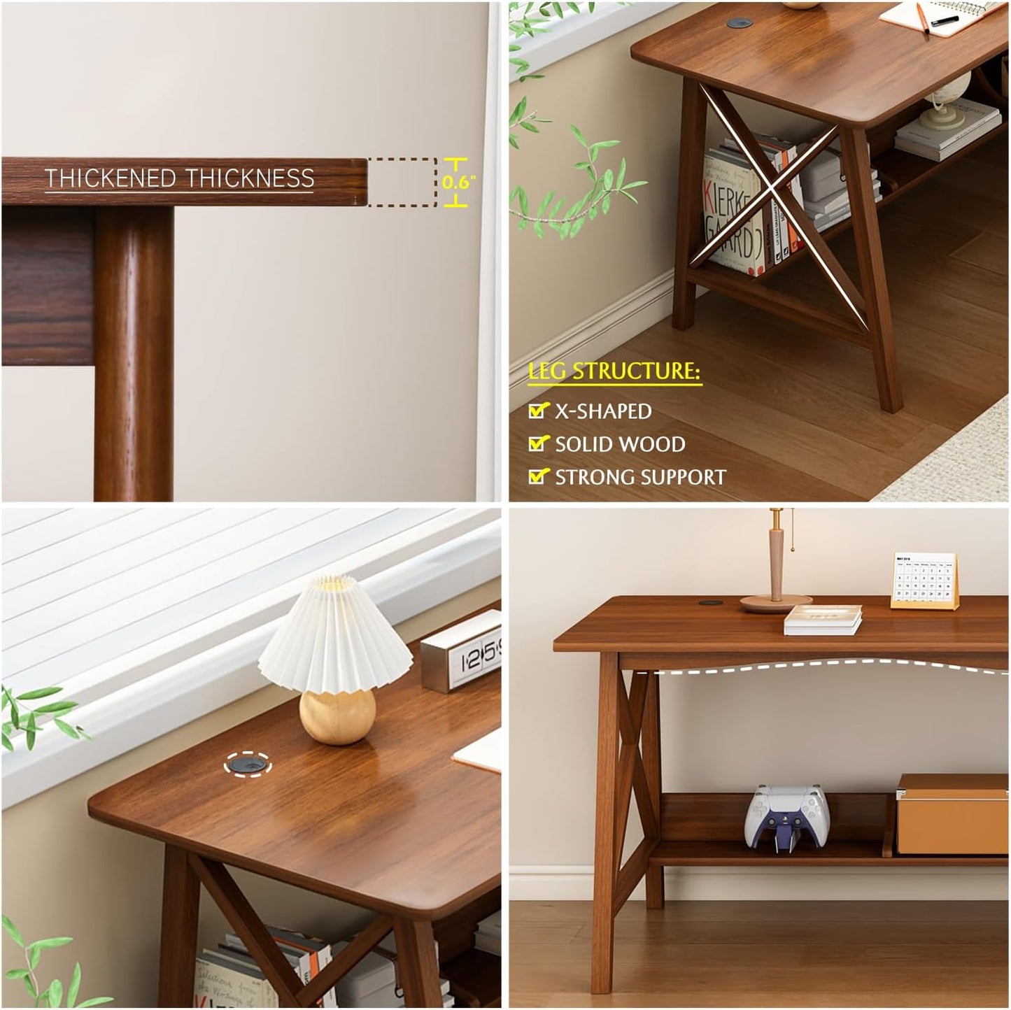 Extra Long Desk with Bookshelf - Wooden Home Office Work Study Table, 2-Person Writing Computer Workstation with Storage Shelf in Oak, 63" Wx20 Dx30 H