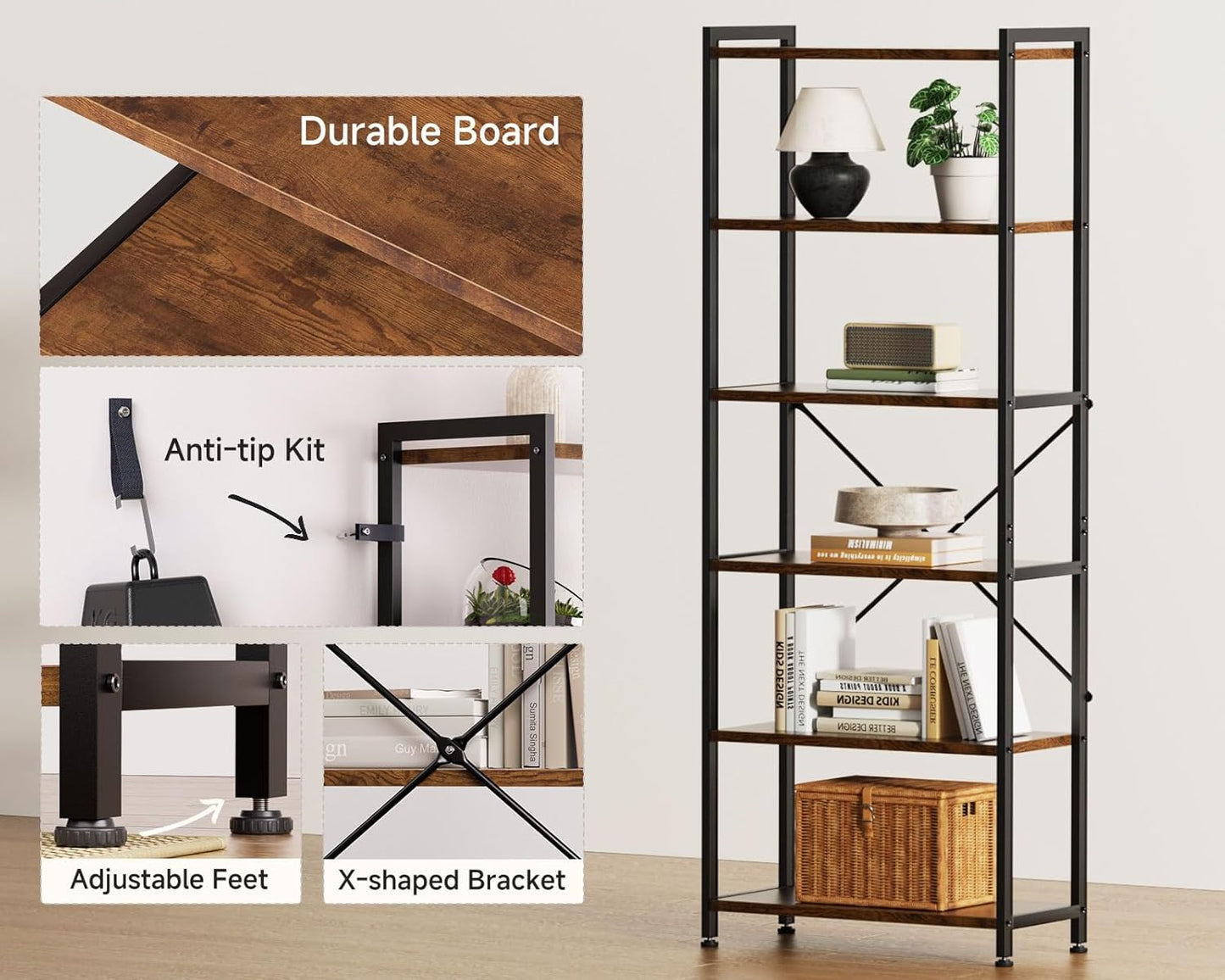 Casaottima Book Shelf, 6 Tier Tall Bookshelf, Modern Wood Bookcase Shelves for Bedroom, Industrial Display Shelf for Living Room Home Office Kitchen, Standing Shelving Unit Storage Organizer, Vintage