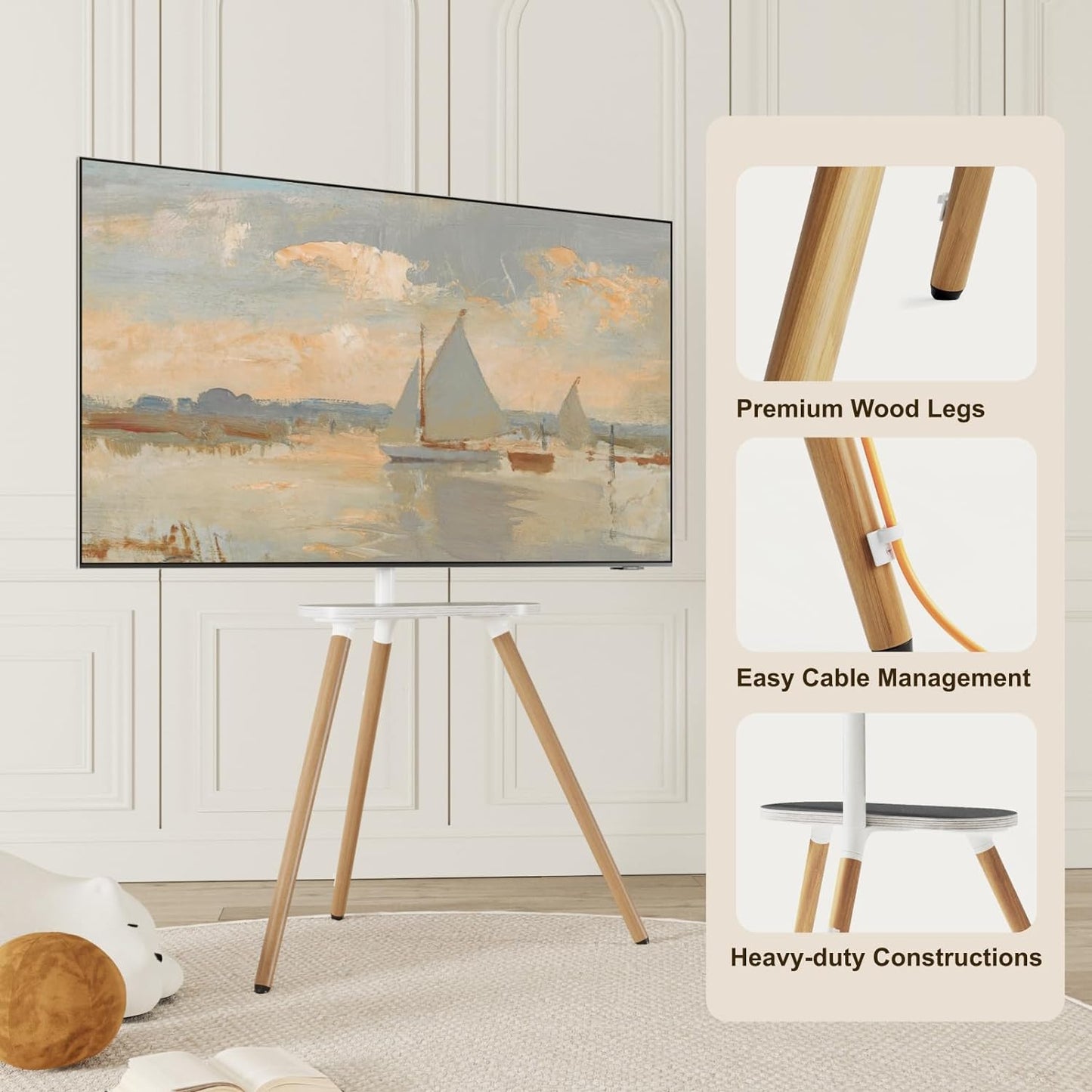 Tripod Easel TV Stand for 43-65" TVs, Height-Adjustable Swivel Corner Floor TV Stand with Wooden Tray, VESA 400x400 LCD/LED/OLED Compatible, Minimalist White