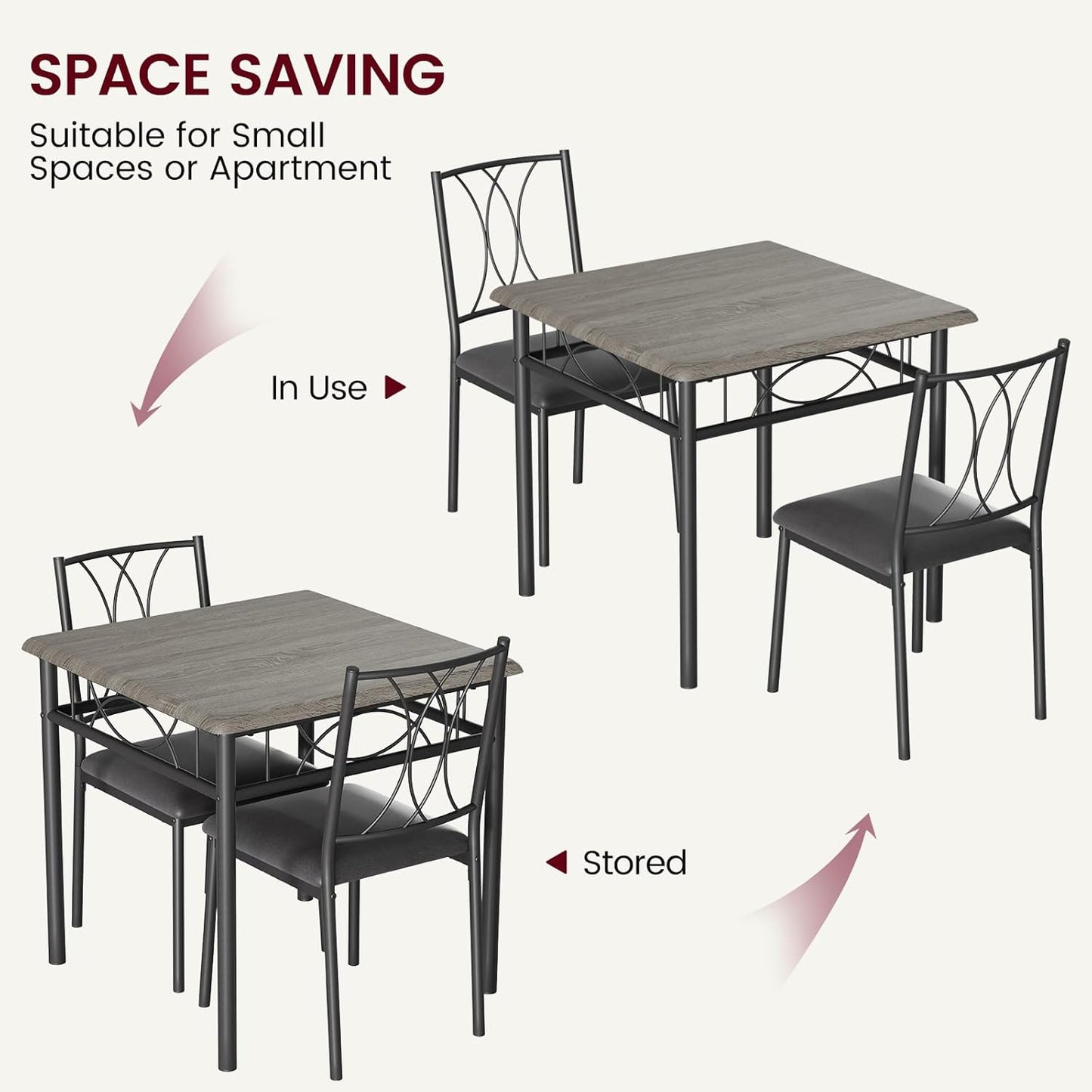 CABIHOME Dining Table Set for 2, 3 Piece Kitchen Table Set with 2 Upholstered Chairs, Square Kitchen Table Set for Small Space, Apartment, Dining Room, Retro Gray