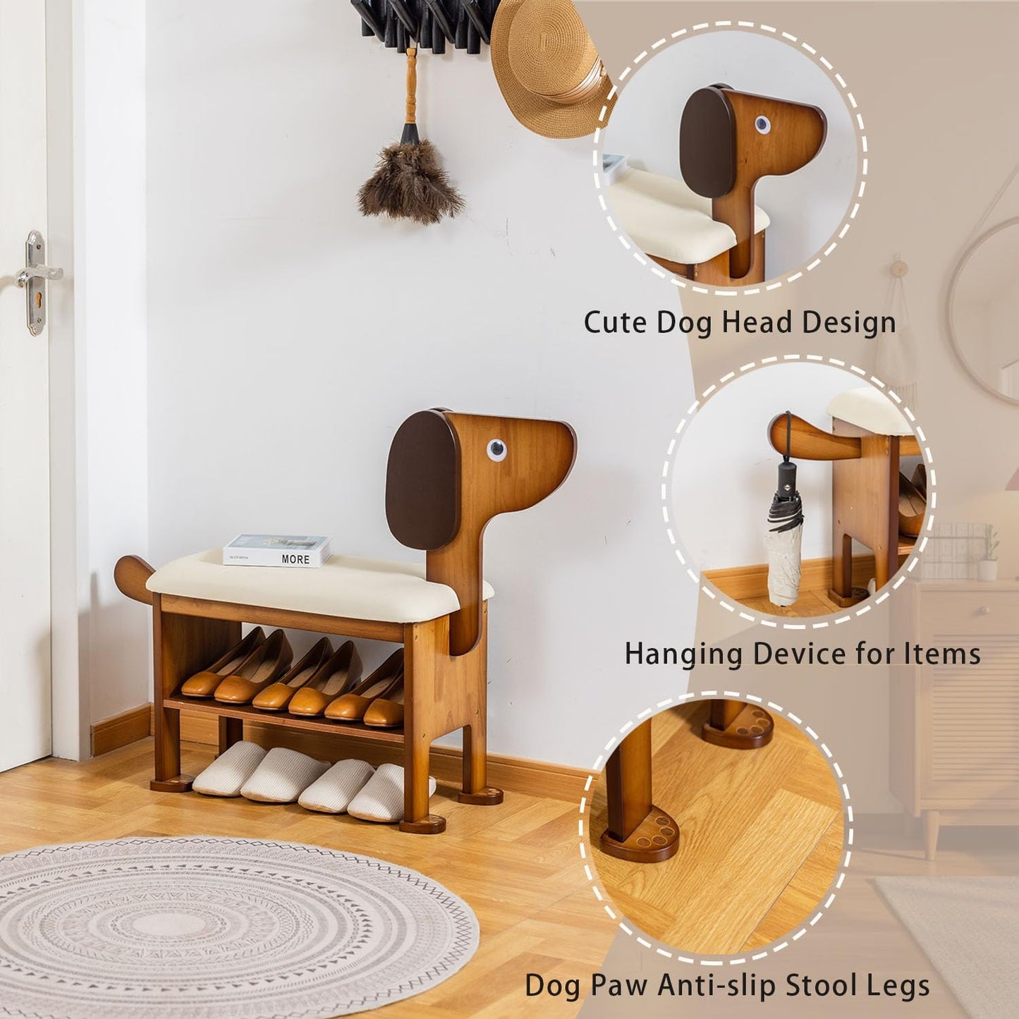 Shoe Bench – 2-Tier Wooden Entryway Organizer Cute Dog-Shaped with Pet-Inspired Design, 23.6 inchs Hallway & Living Room Bench