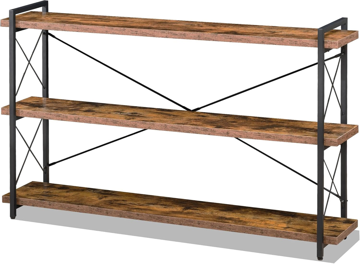 HCHQHS Bookshelf, 3-Tier Long Industrial Bookcase, Rustic Open Book Shelf, Freestanding Horizontal Bookshelves with Metal Frame