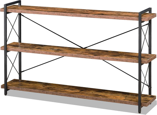 HCHQHS Bookshelf, 3-Tier Long Industrial Bookcase, Rustic Open Book Shelf, Freestanding Horizontal Bookshelves with Metal Frame