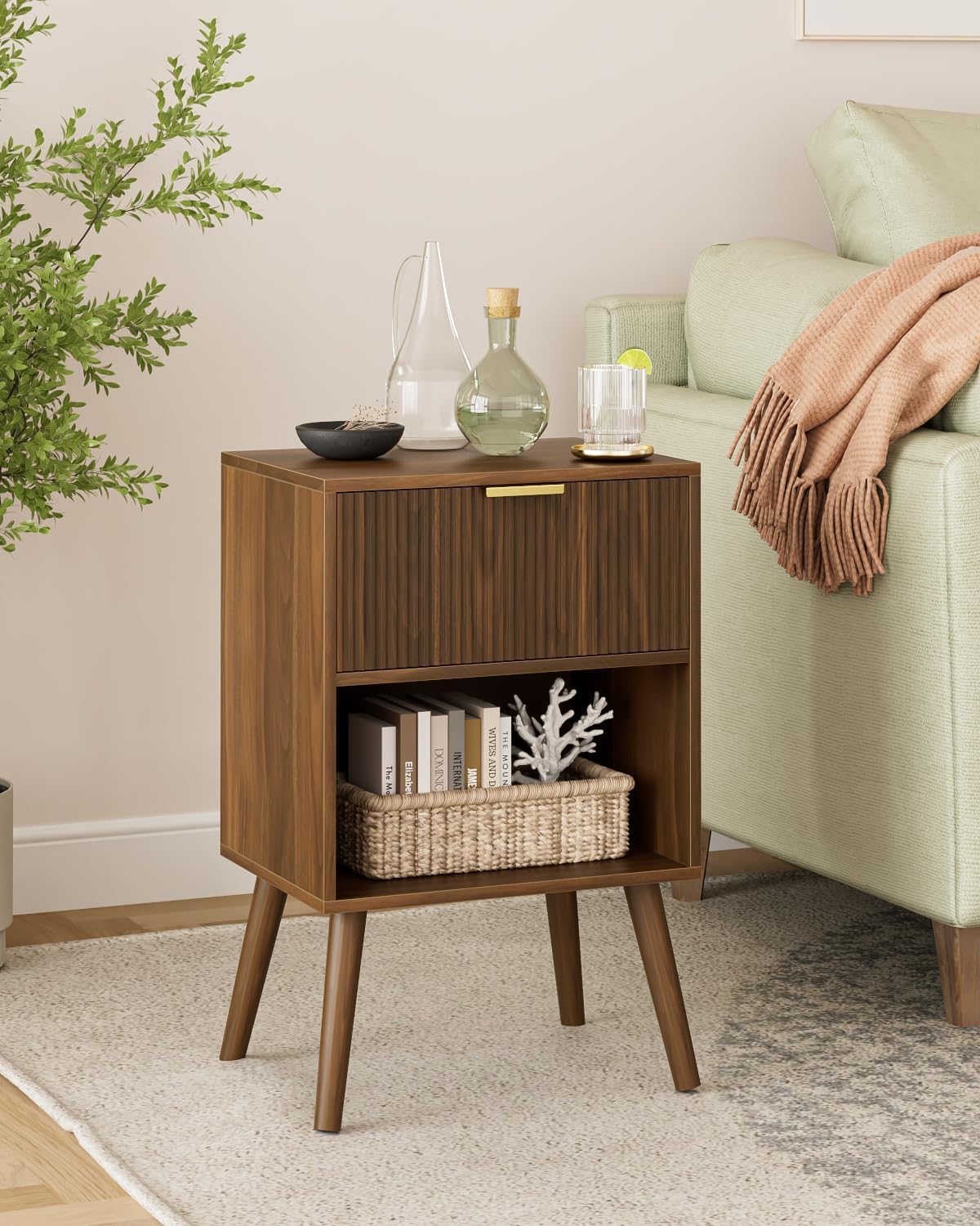 Nightstand, Small Side Table, Bedside Table with Drawer, Modern Night Stand, End Table for Bedroom, Living Room (Walnut Stripe)