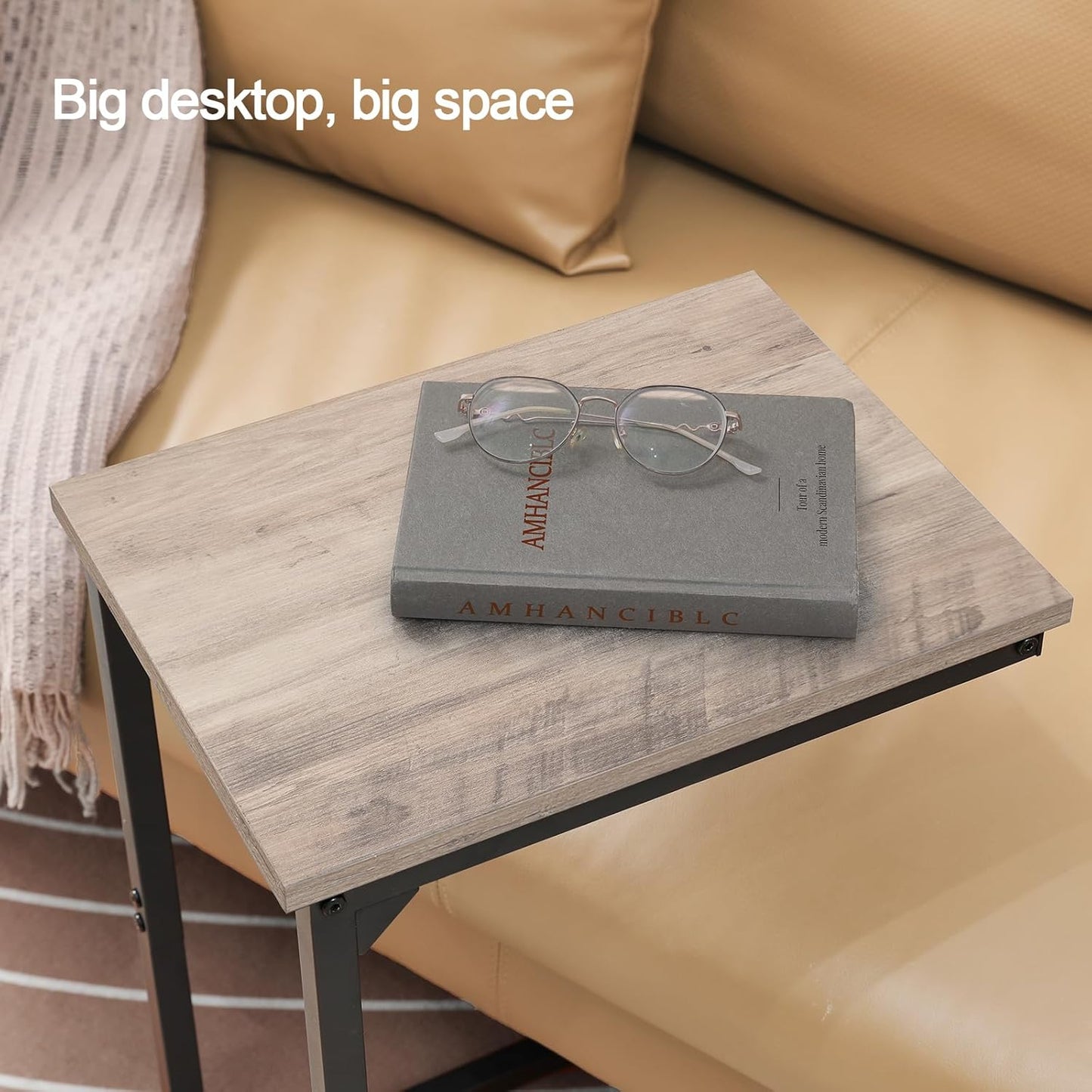 AMHANCIBLE C Shaped End Table, Slide Under Couch Table for Sofa, TV Tray Snack Table, Small Side Table for Small Space, Living Room, Grey HET02CGY-1