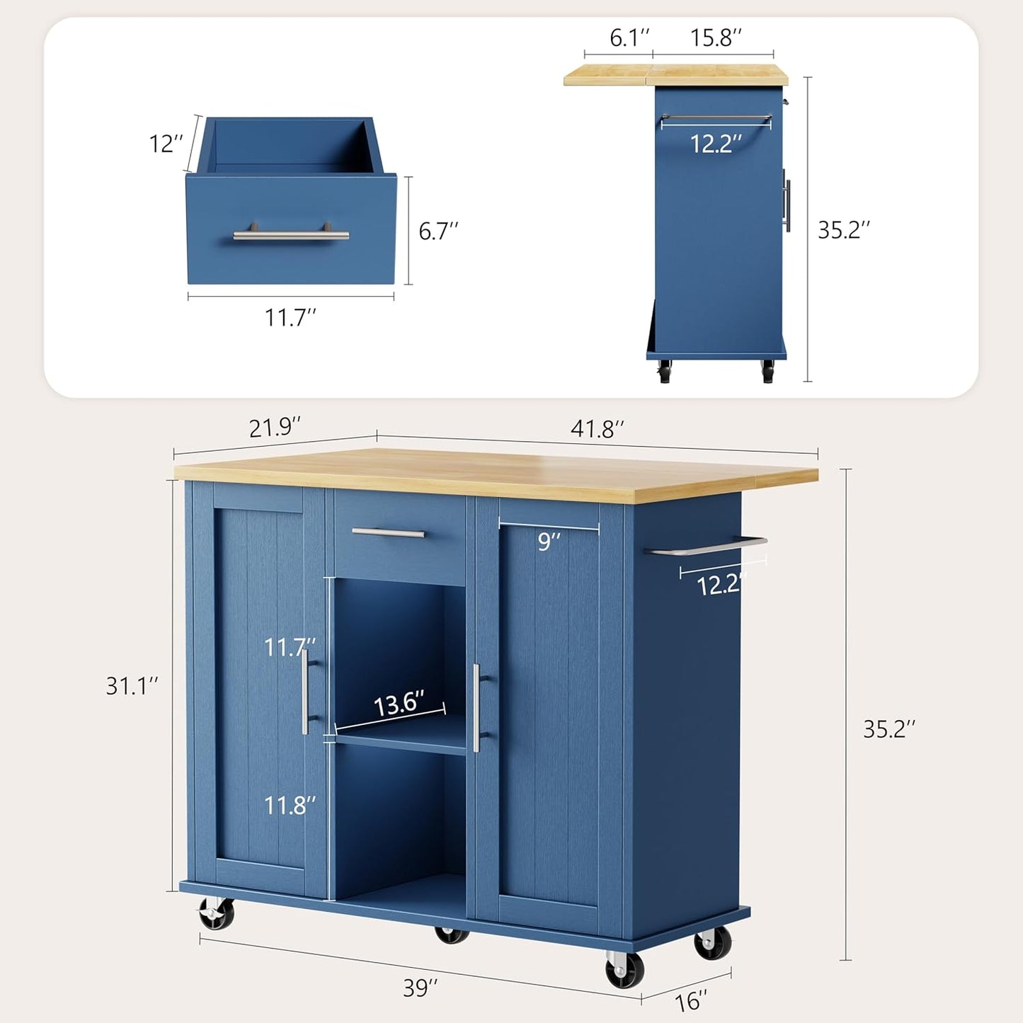 Shintenchi Kitchen Island with Storage, Bar Cart Cabinet Island Table on Wheels, Rolling Microwave Cart for Kitchen with Drop Leaf, Drawers, Towel Rack, Seating Area for Dining Room, Blue